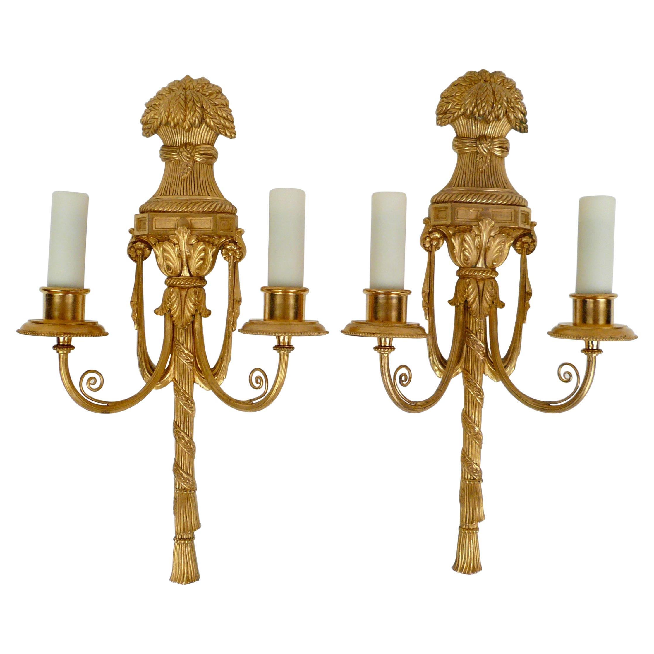 Pair Gilt Bronze Federal Style Neo-Classical Sconces by E. F. Caldwell For Sale