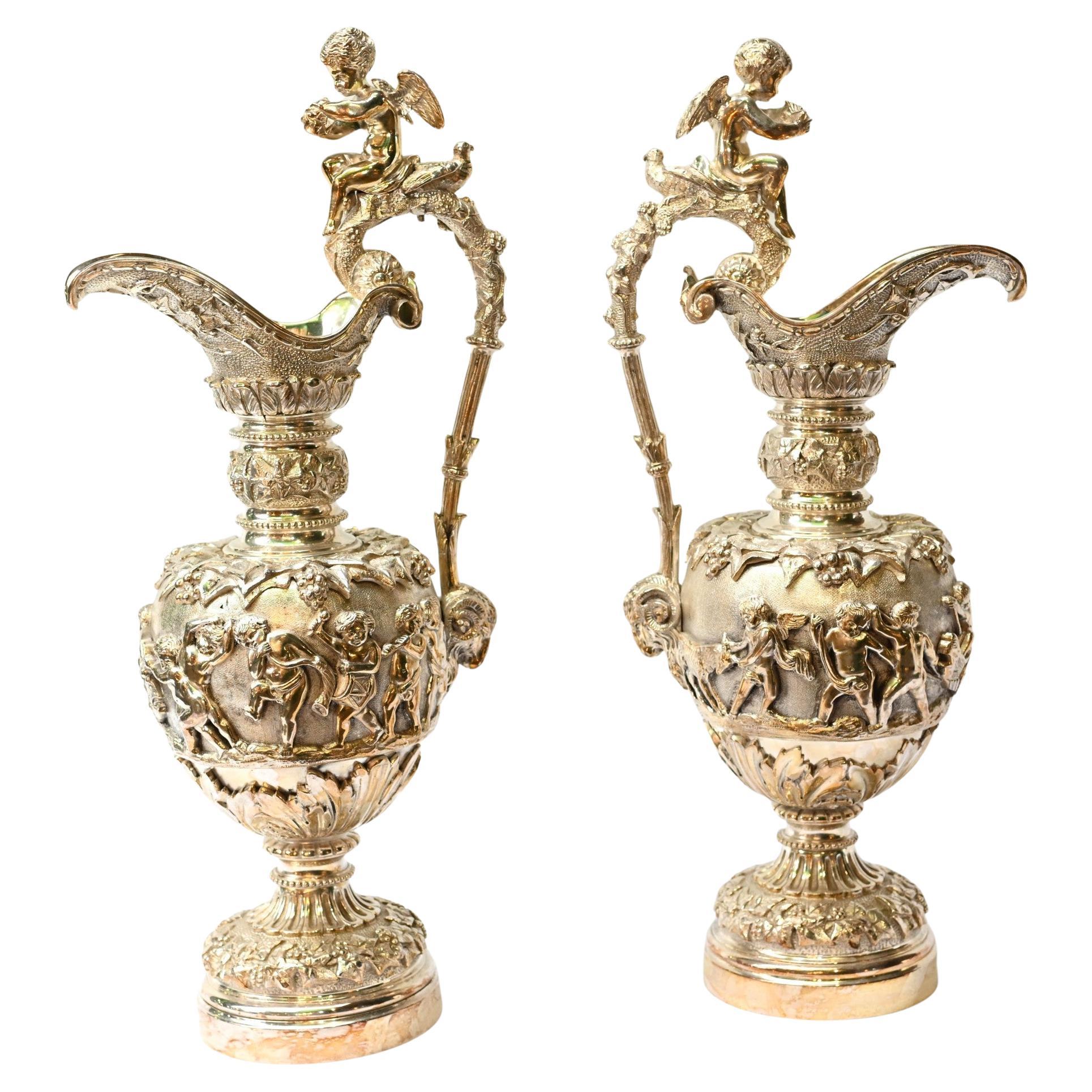 Pair Gilt Bronze French Ewers Jug Vases Napoleon III Cherub