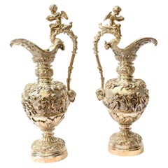 Pair Gilt Bronze French Ewers Jug Vases Napoleon III Cherub