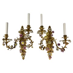 Pair Gilt Bronze Louis XVI Style Sconces With Porcelain Flowers