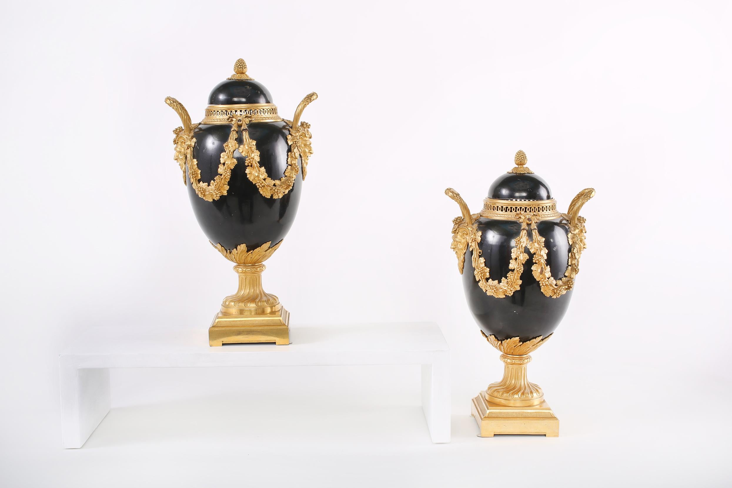European Pair Gilt Bronze Mounted Covered Decorative Urns