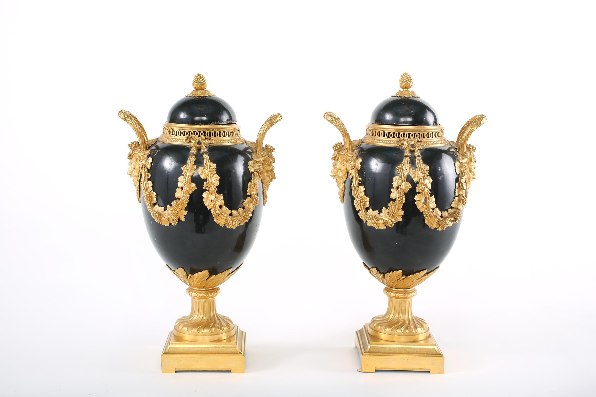 Pair Gilt Bronze Mounted Covered Decorative Urns In Good Condition In Tarry Town, NY