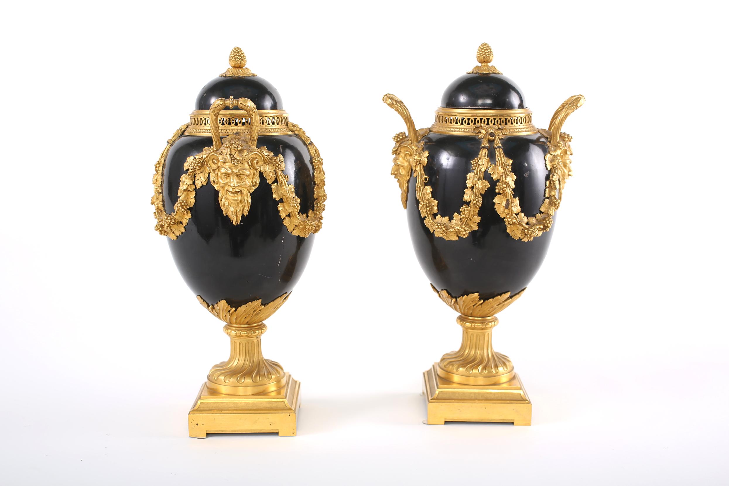 19th Century Pair Gilt Bronze Mounted Covered Decorative Urns