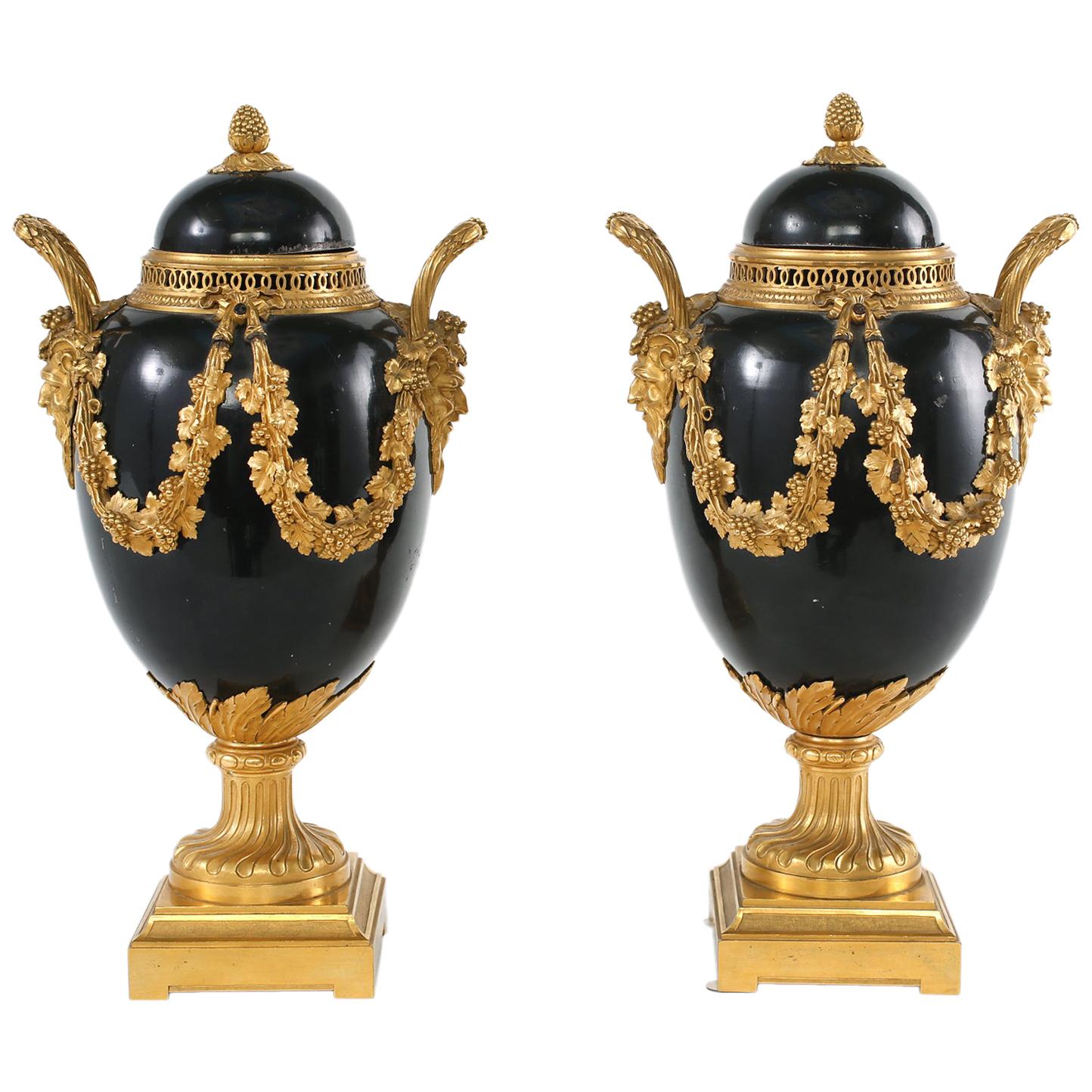 Pair Gilt Bronze Mounted Covered Decorative Urns