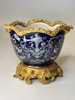 Pair Gilt Bronze Mounted Porcelain Cachepots with Neoclassical Grisaille Designs