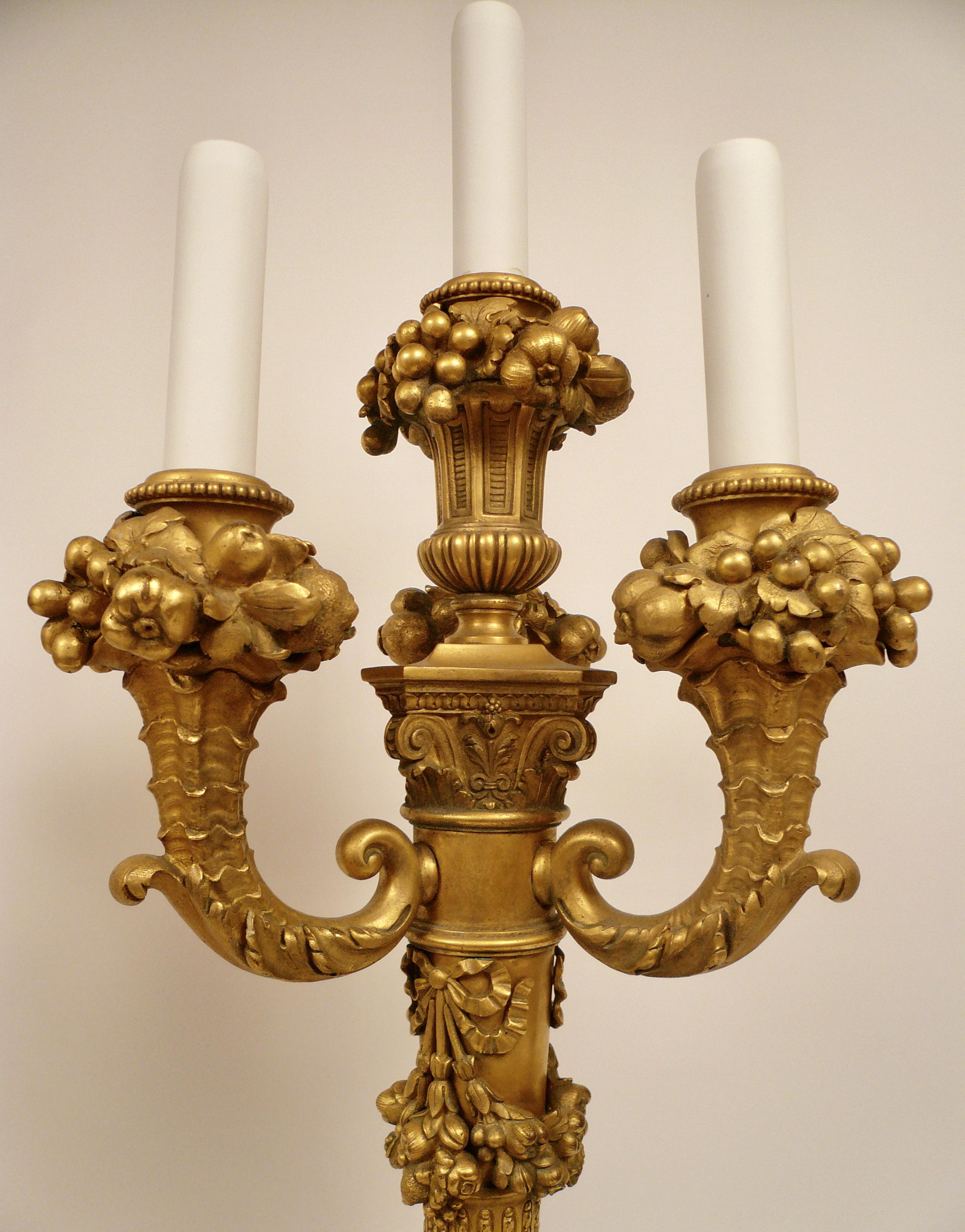 20th Century Pair Gilt Bronze Neo-Classical Candelabra Lamps Signed E. F, Caldwell For Sale