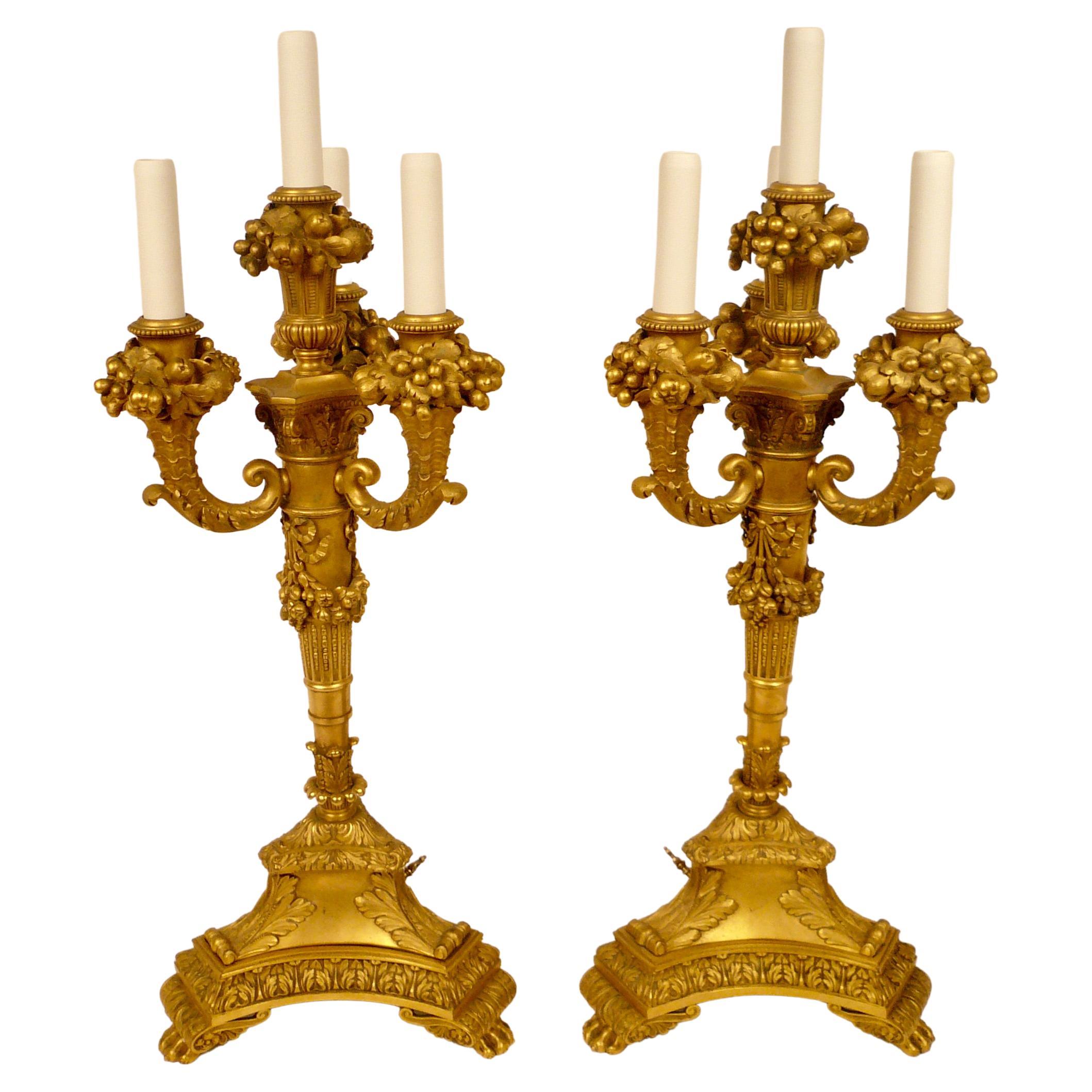 Pair Gilt Bronze Neo-Classical Candelabra Lamps Signed E. F, Caldwell
