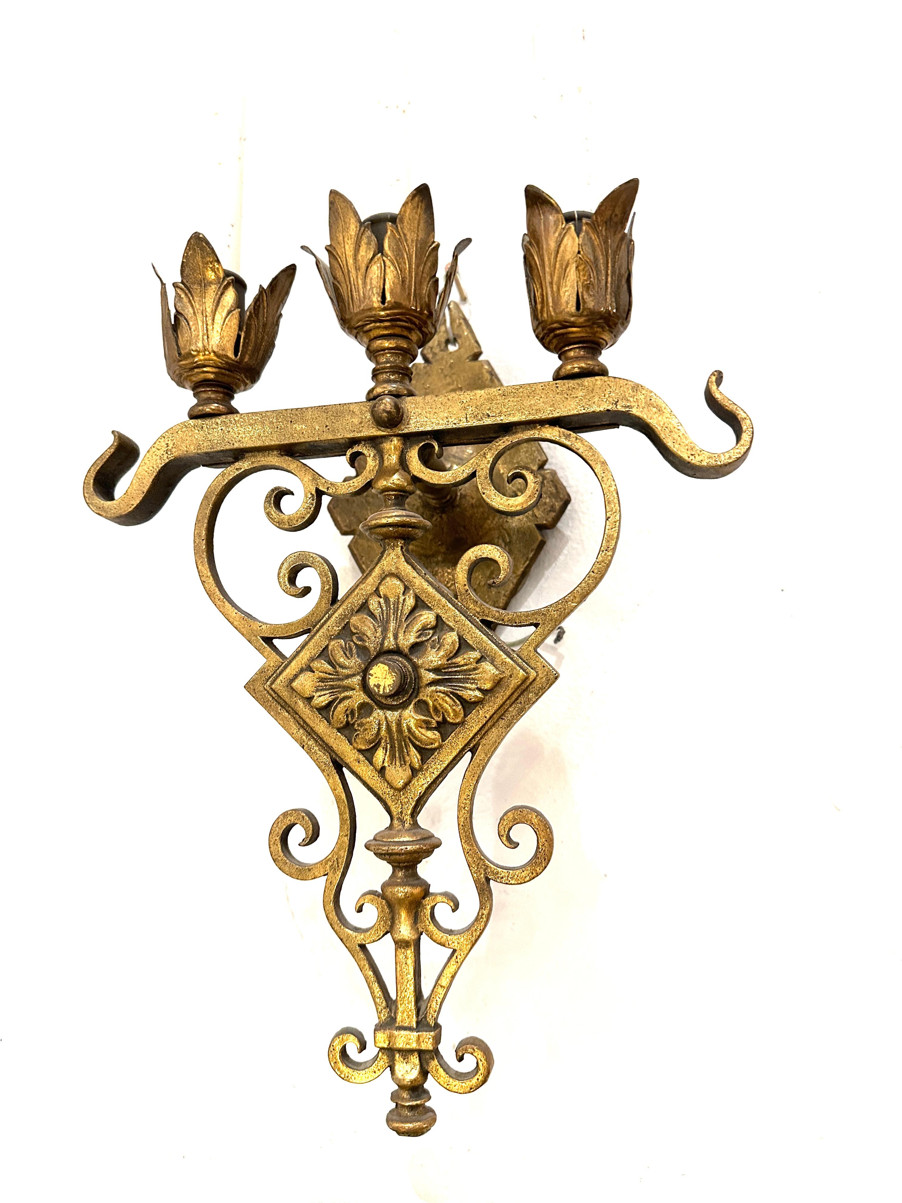 Hand-Crafted Pair, Gilt Bronze Three Light Wall Sconces For Sale