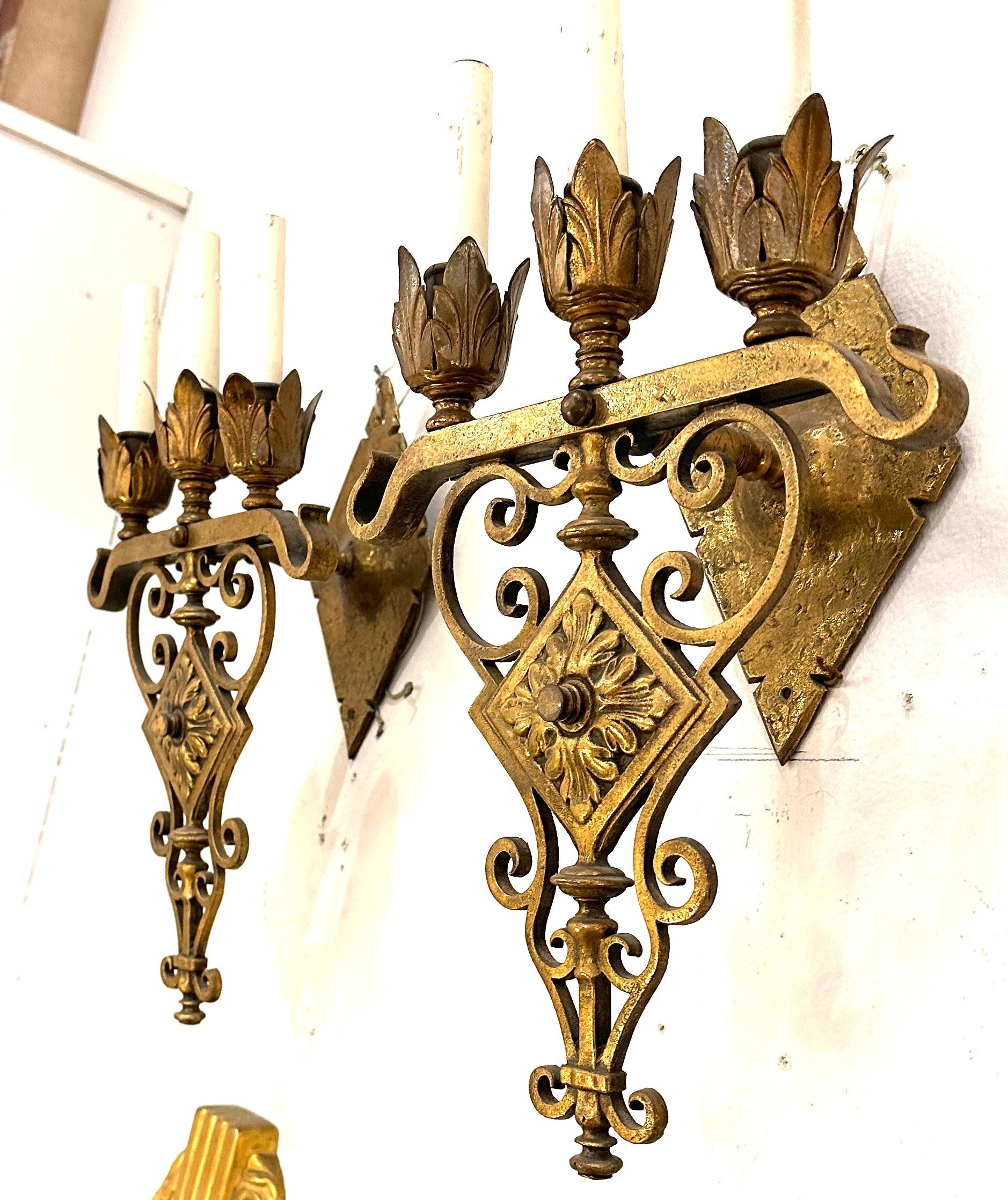Pair, Gilt Bronze Three Light Wall Sconces In Good Condition For Sale In Summerland, CA