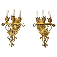 Pair, Gilt Bronze Three Light Wall Sconces