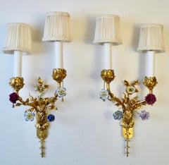 Pair Gilt Bronze Two Light Sconces With Porcelain Flowers by E. F. Caldwell
