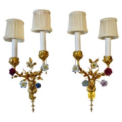 Pair Gilt Bronze Two Light Sconces With Porcelain Flowers by E. F. Caldwell