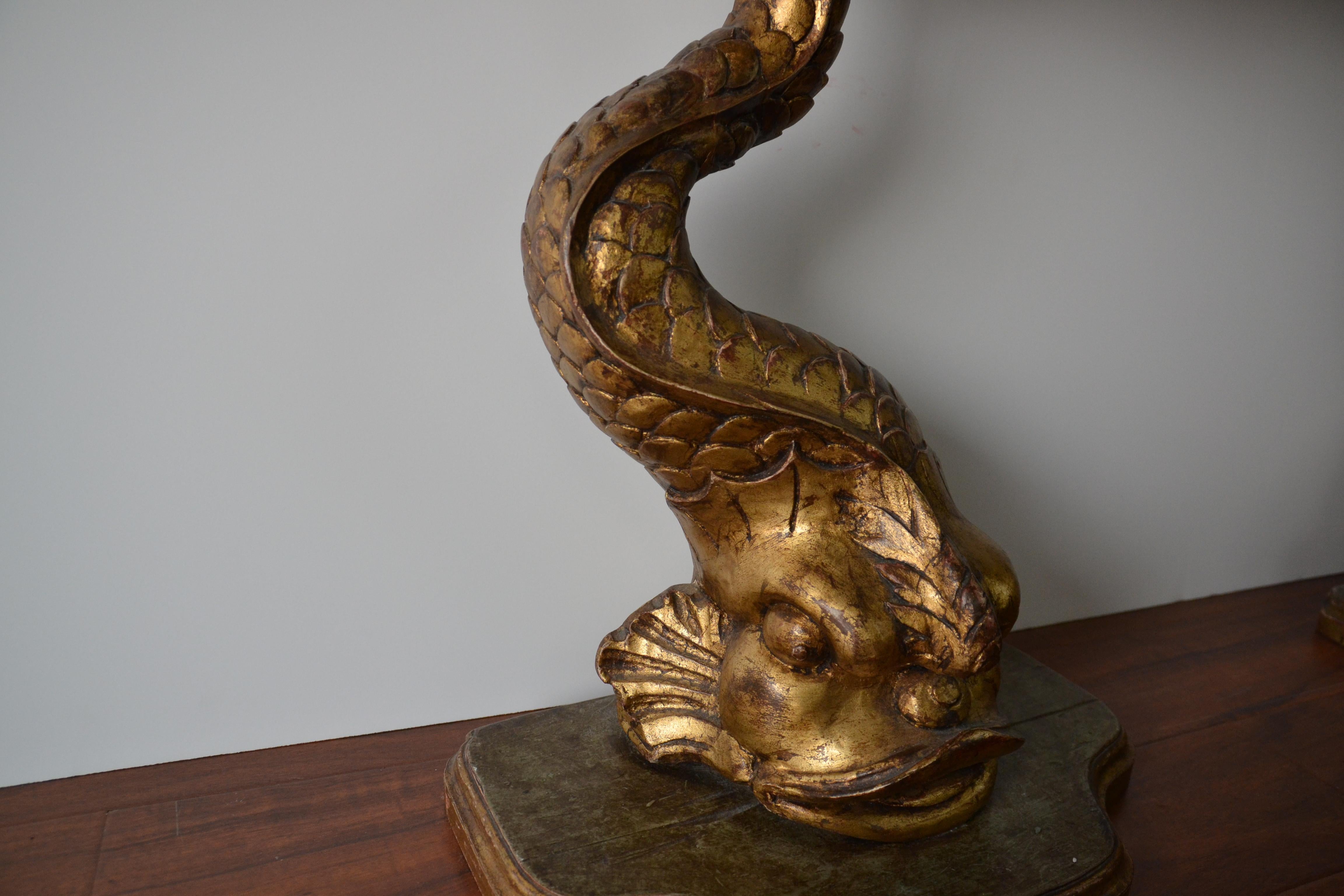 Pair of Gilt Finished Sea-Creature End Tables, Carved Wood 4