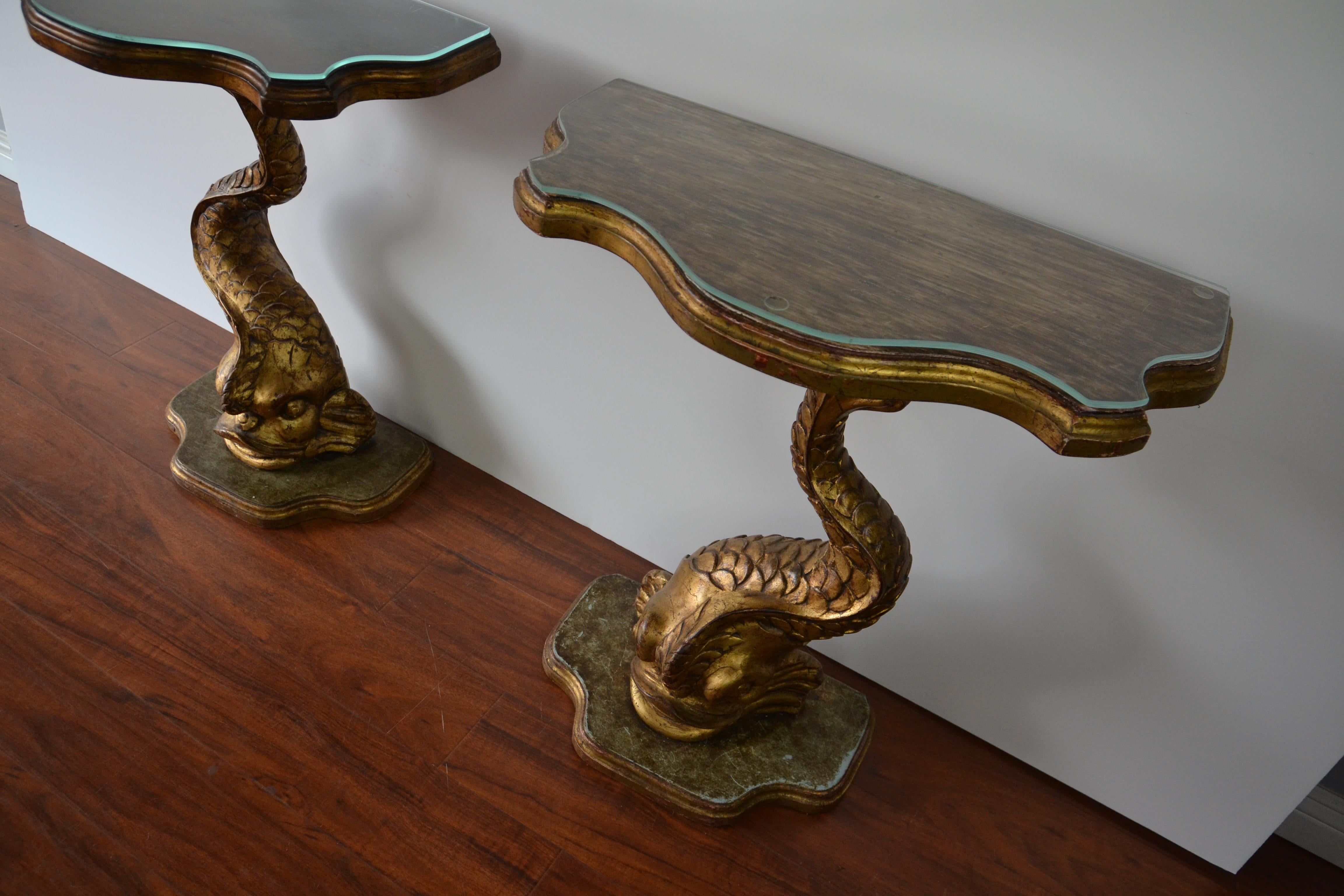 Italian Pair of Gilt Finished Sea-Creature End Tables, Carved Wood