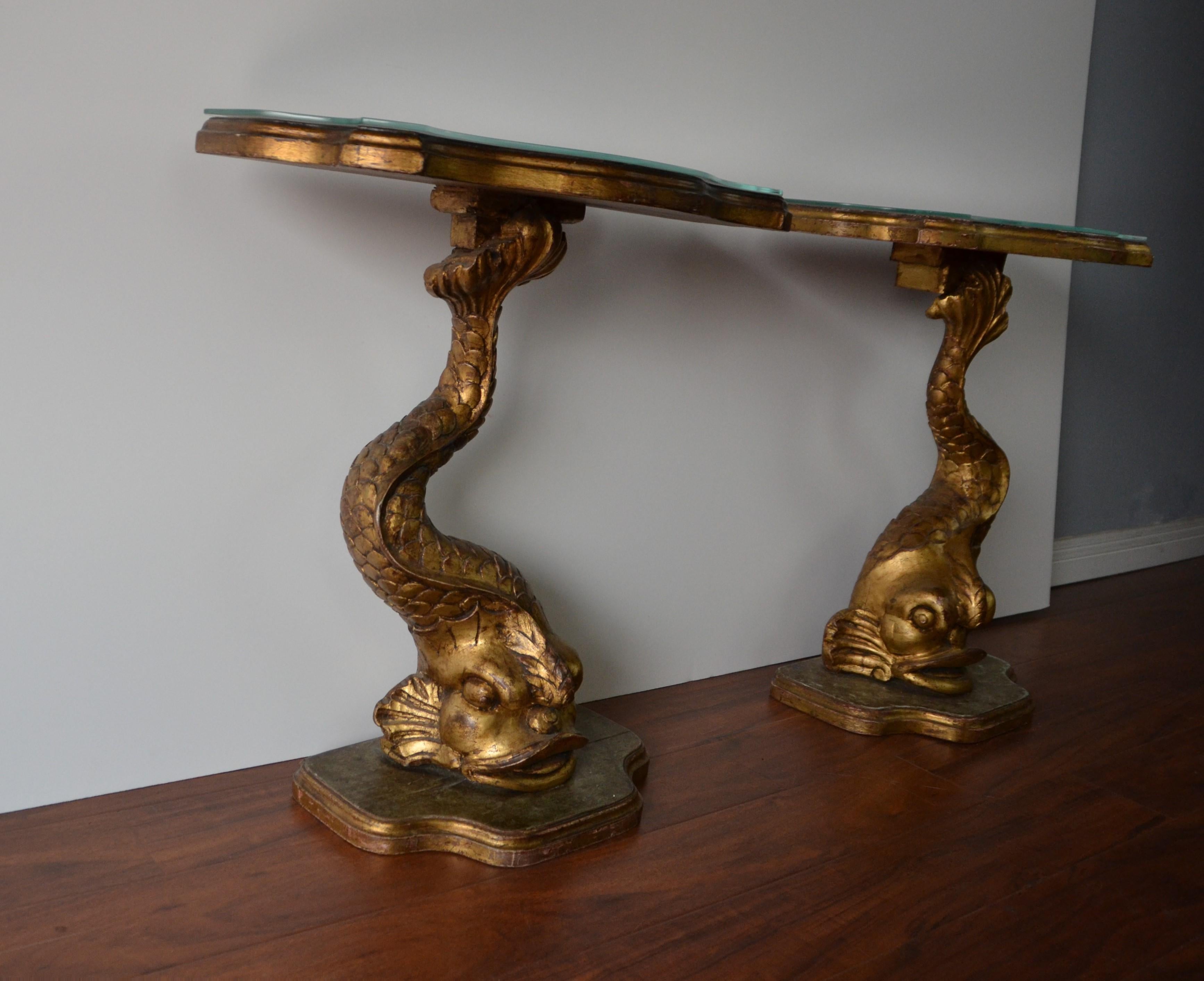 Pair of Gilt Finished Sea-Creature End Tables, Carved Wood In Good Condition In Pomona, CA