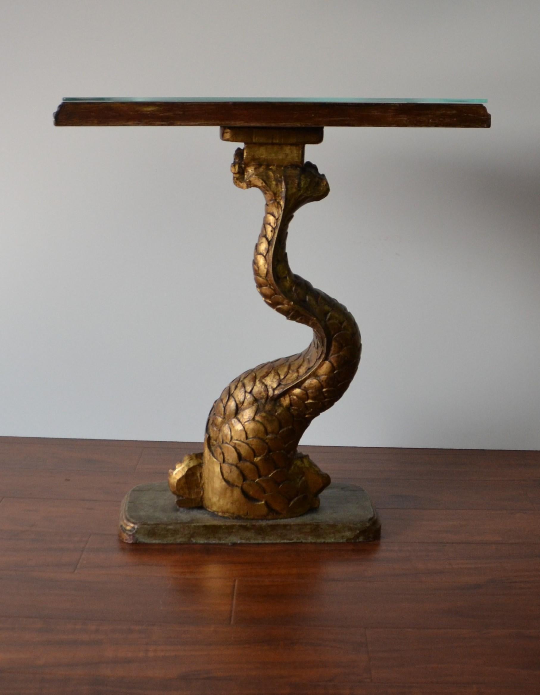20th Century Pair of Gilt Finished Sea-Creature End Tables, Carved Wood