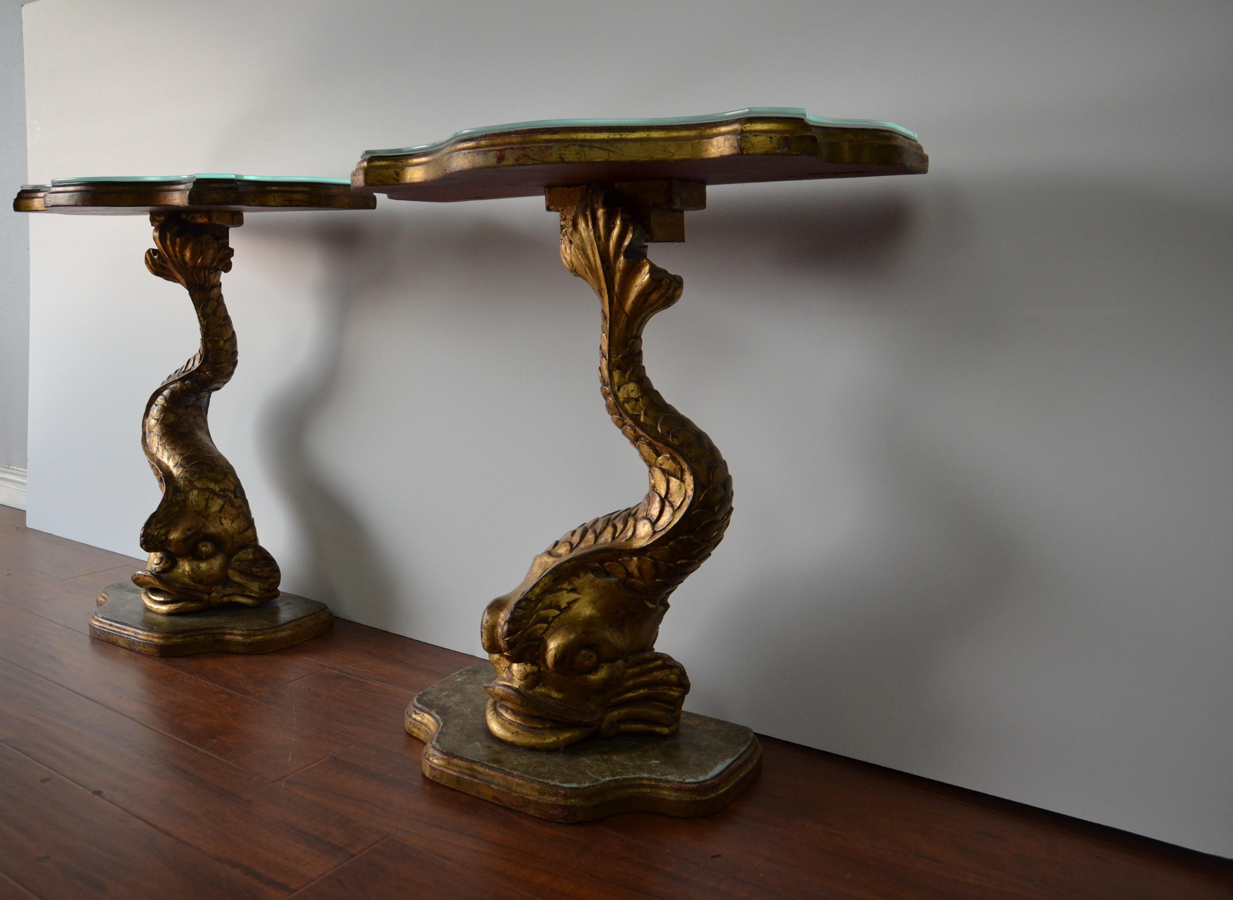 Pair of Gilt Finished Sea-Creature End Tables, Carved Wood 2