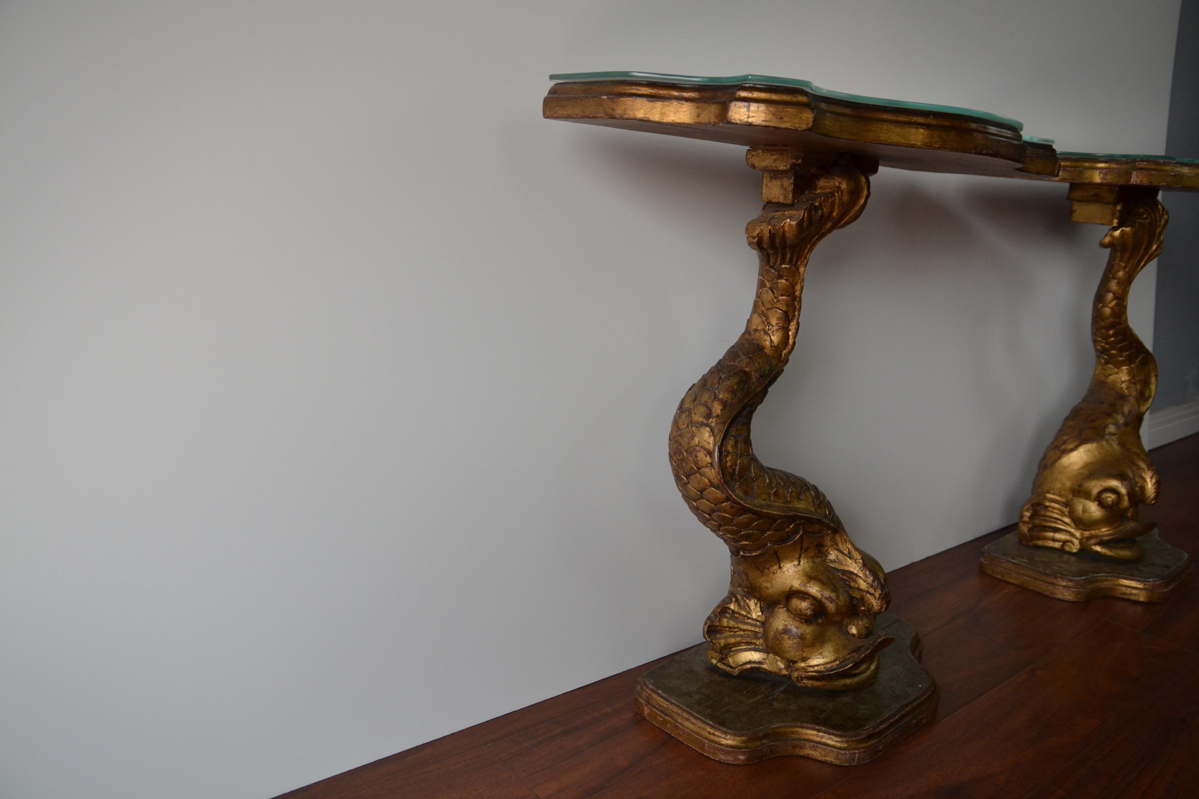 Pair of Gilt Finished Sea-Creature End Tables, Carved Wood 3