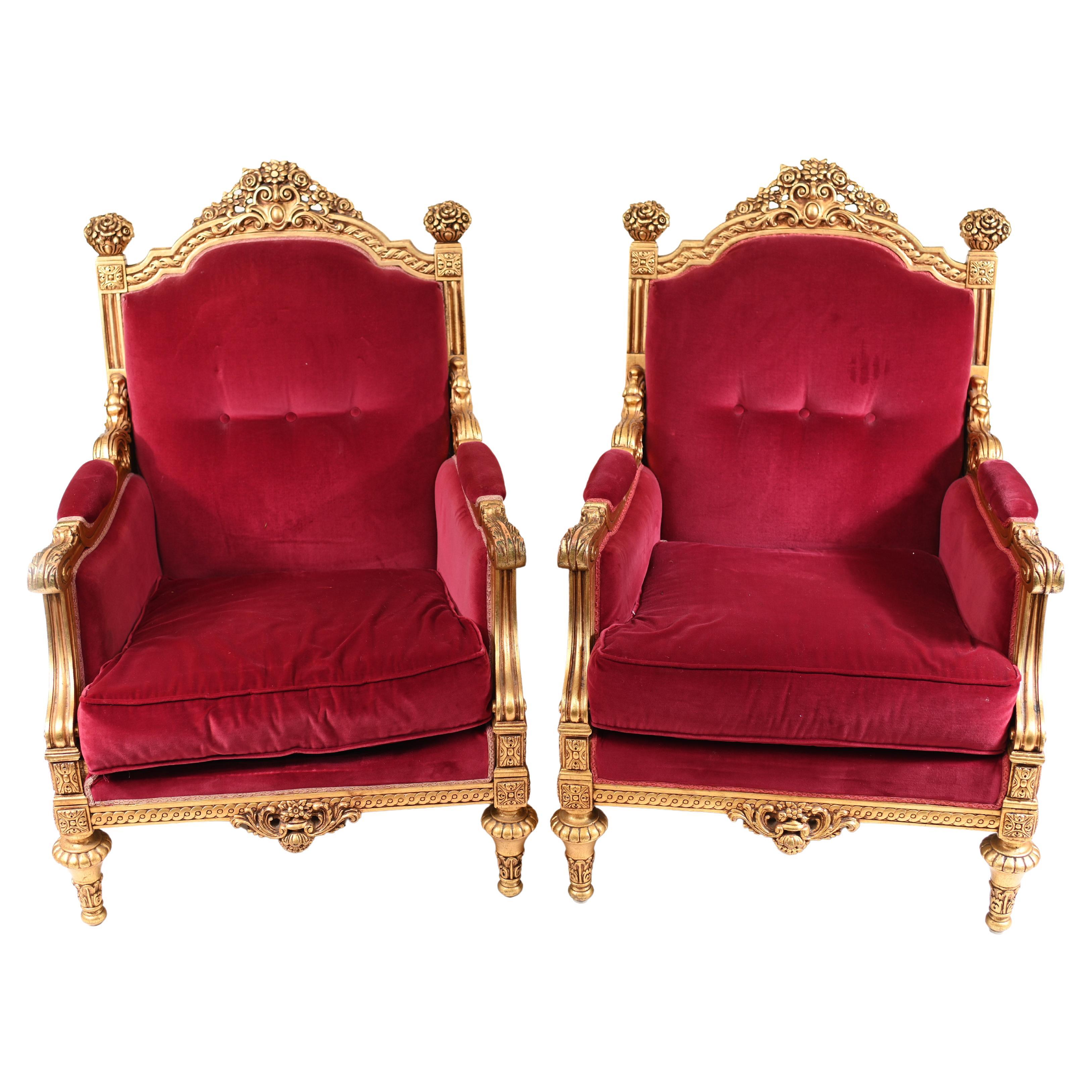 Pair Gilt French Arm Chairs Empire Fauteuils For Sale