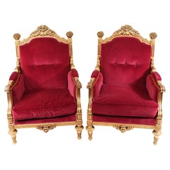 Vintage Pair Gilt French Arm Chairs Empire Fauteuils