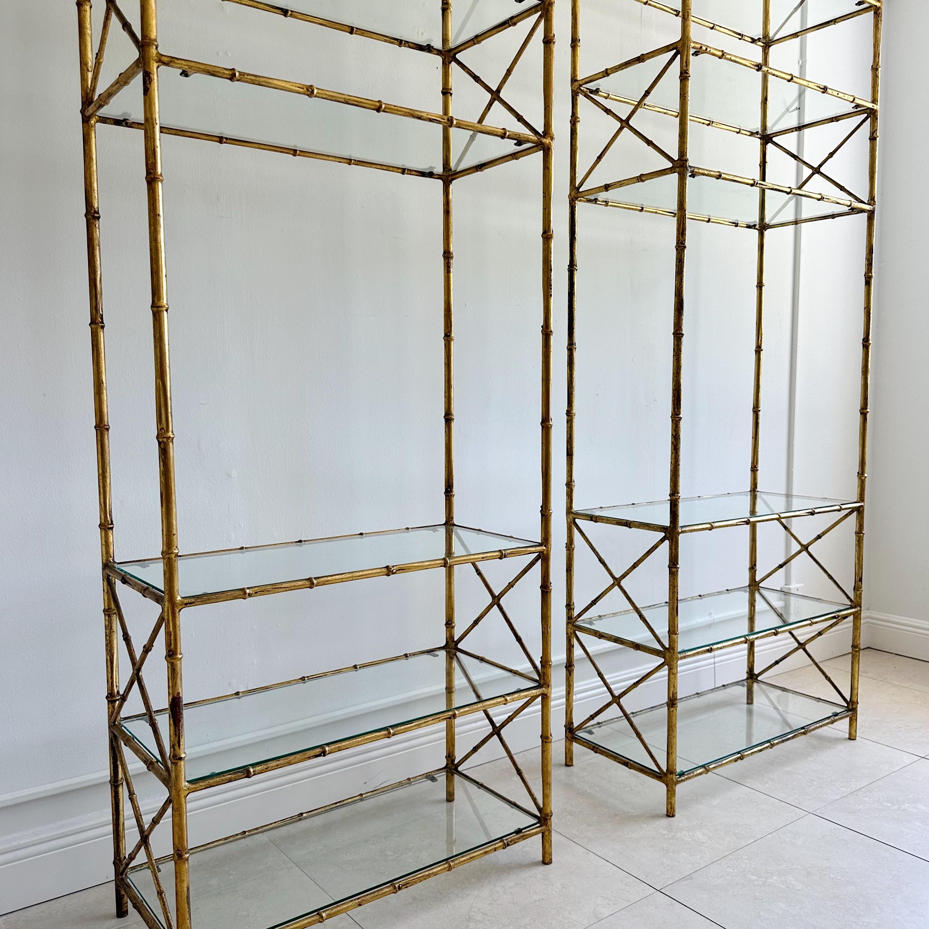 Pair Gilt Iron Faux Bamboo 7 Shelf Etageres In Good Condition In West Palm Beach, FL