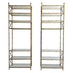 Pair Gilt Iron Faux Bamboo 7 Shelf Etageres
