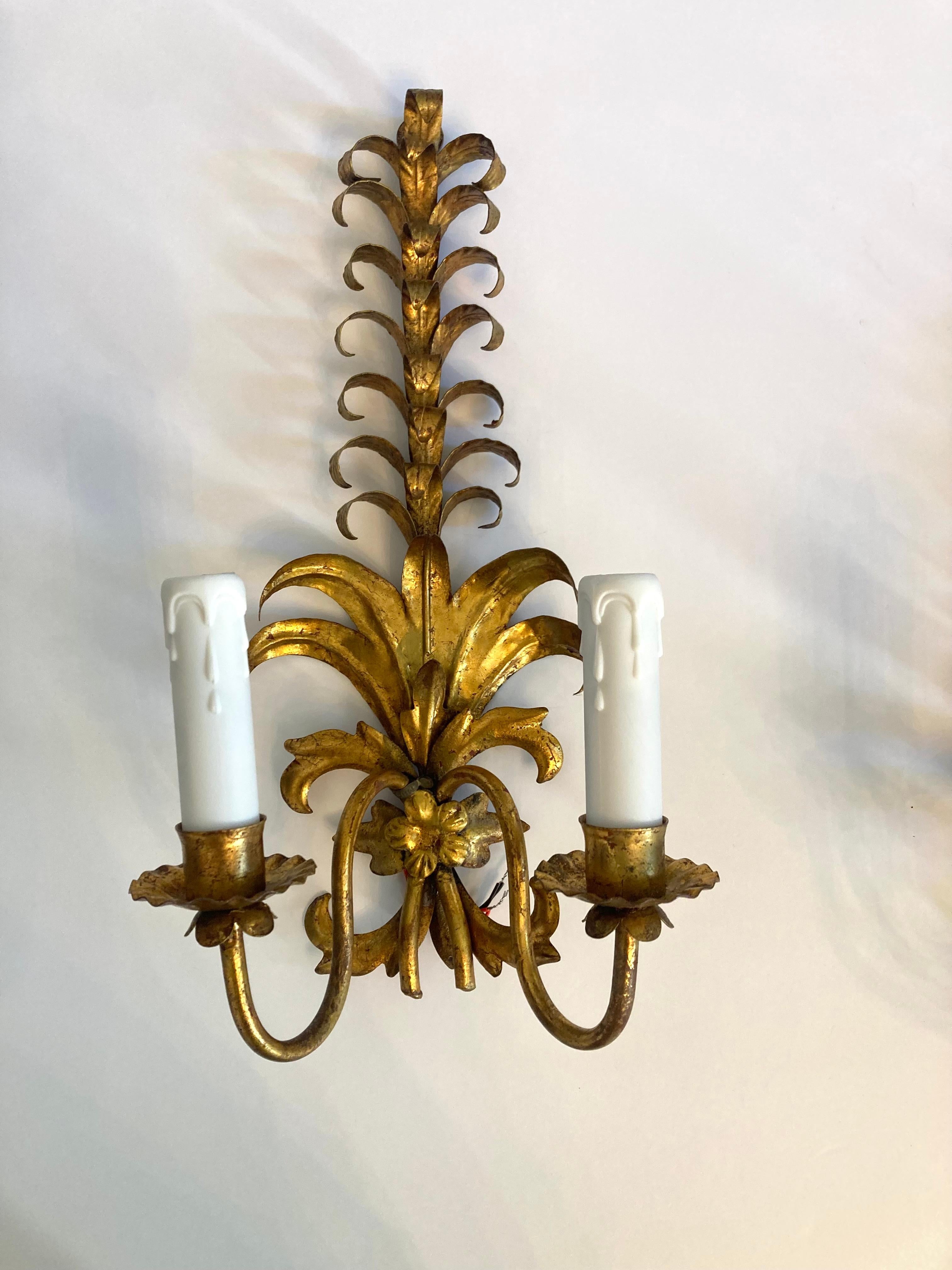 Hollywood Regency PAIR Gilt Iron Sconces For Sale