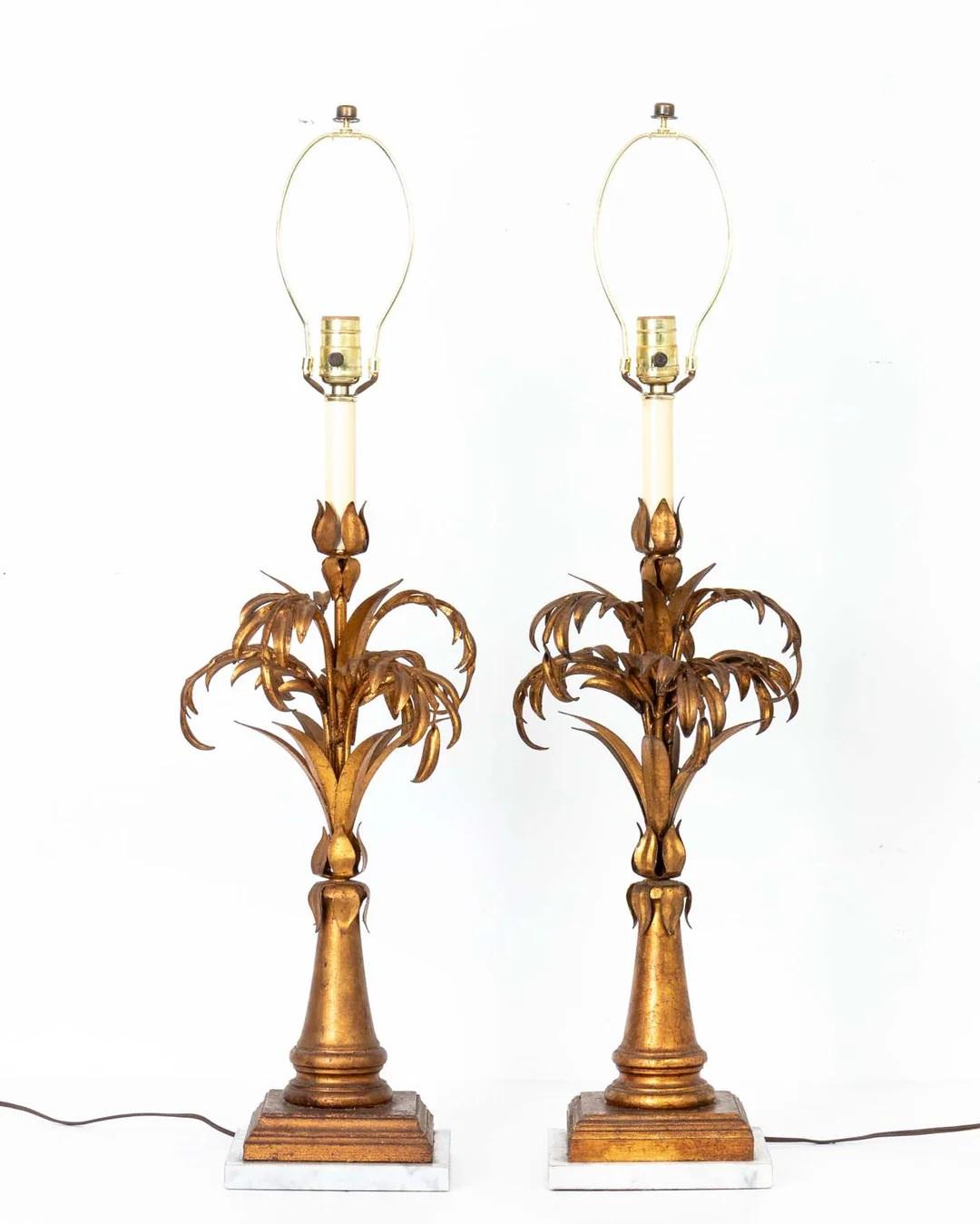 Pair Gilt Italian Palm Lamps on marble bases. Made in Italy. Good overall working condition