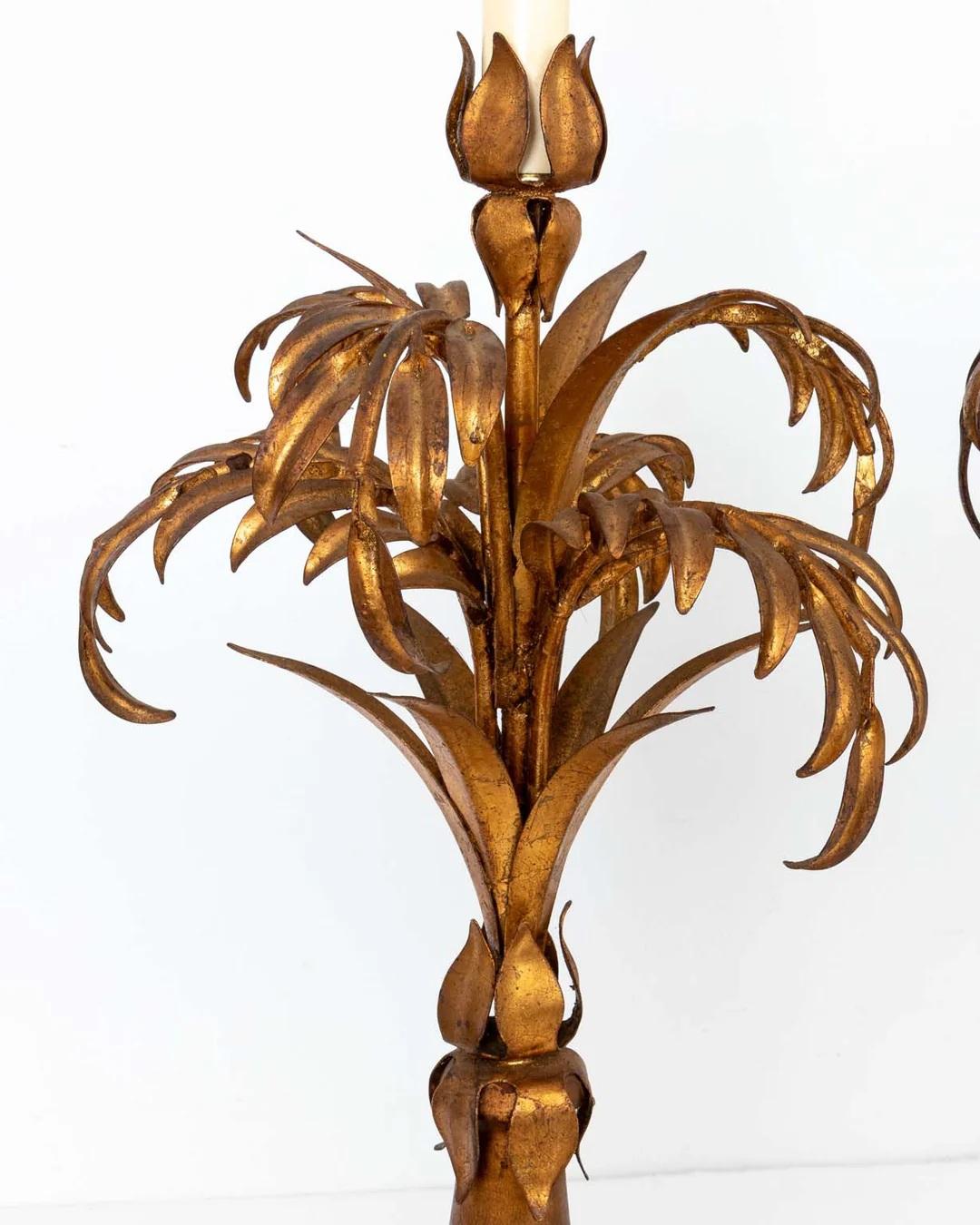 20th Century Pair Gilt Italian Palm Lamps For Sale