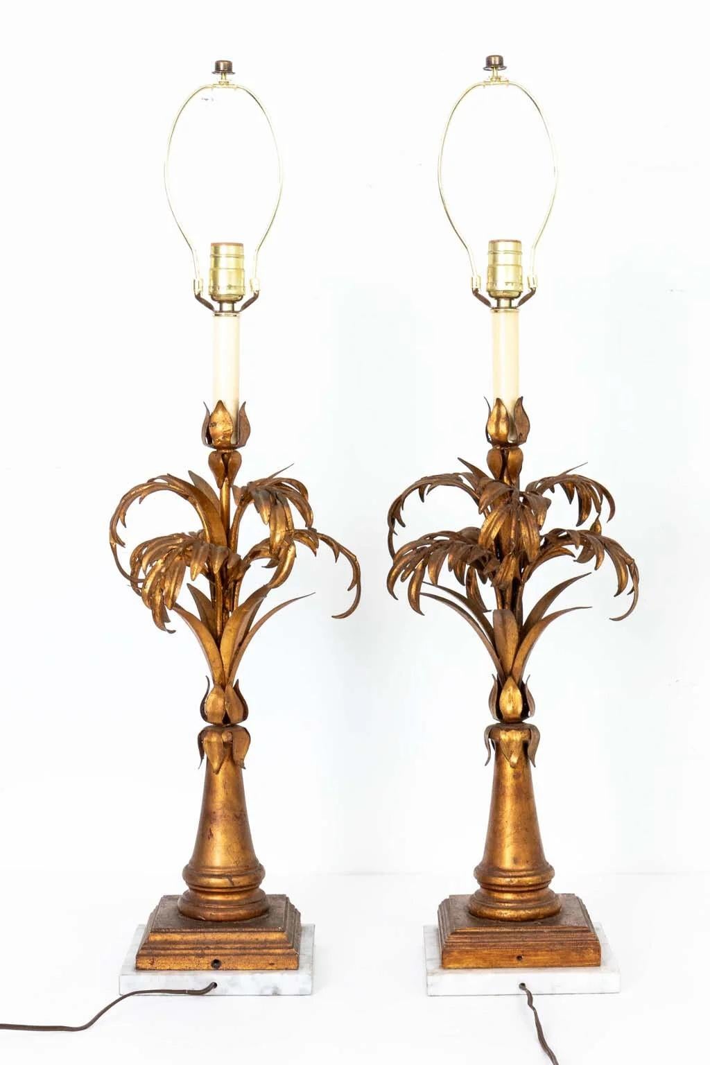 Metal Pair Gilt Italian Palm Lamps For Sale