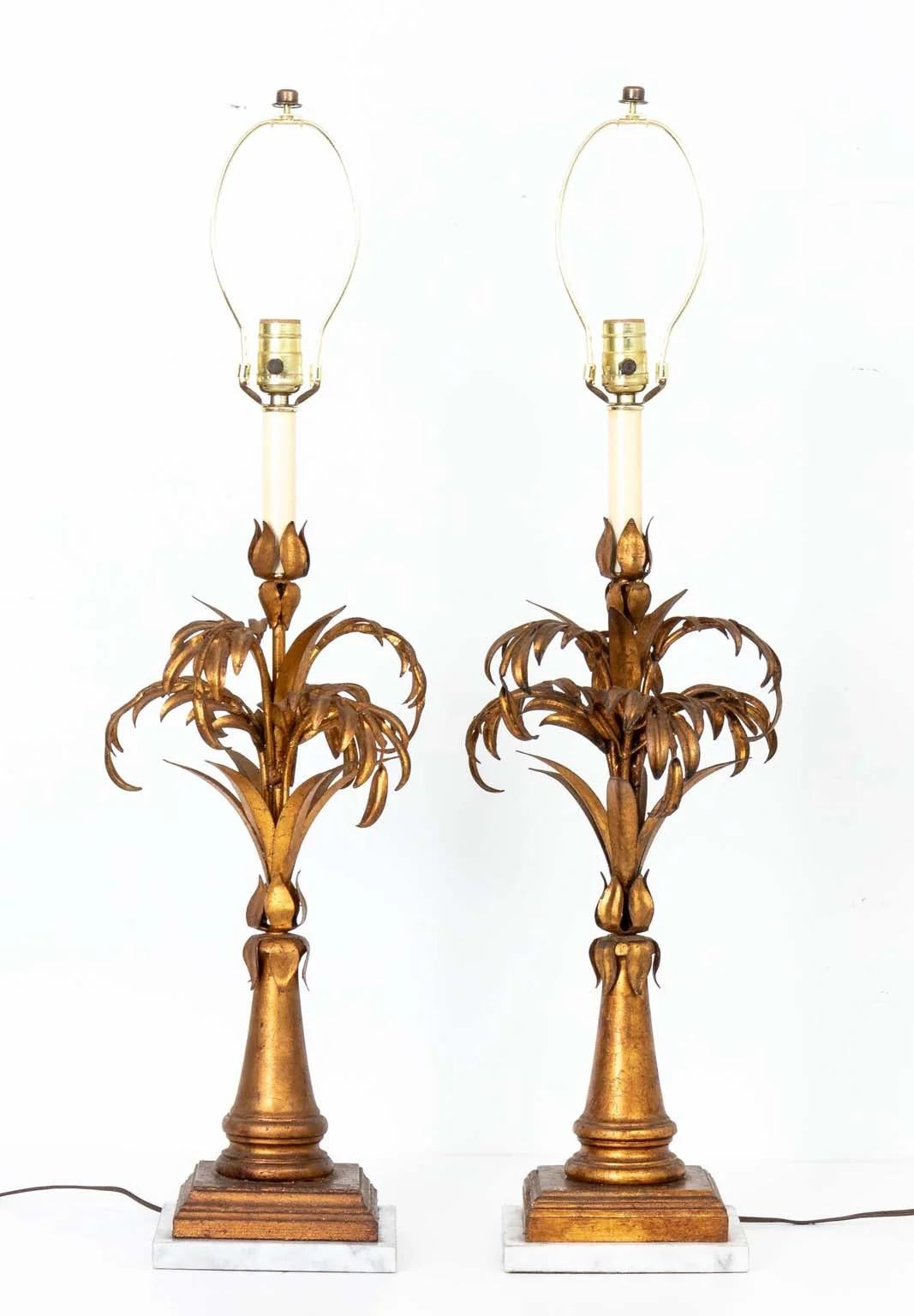 Pair Gilt Italian Palm Lamps For Sale 2