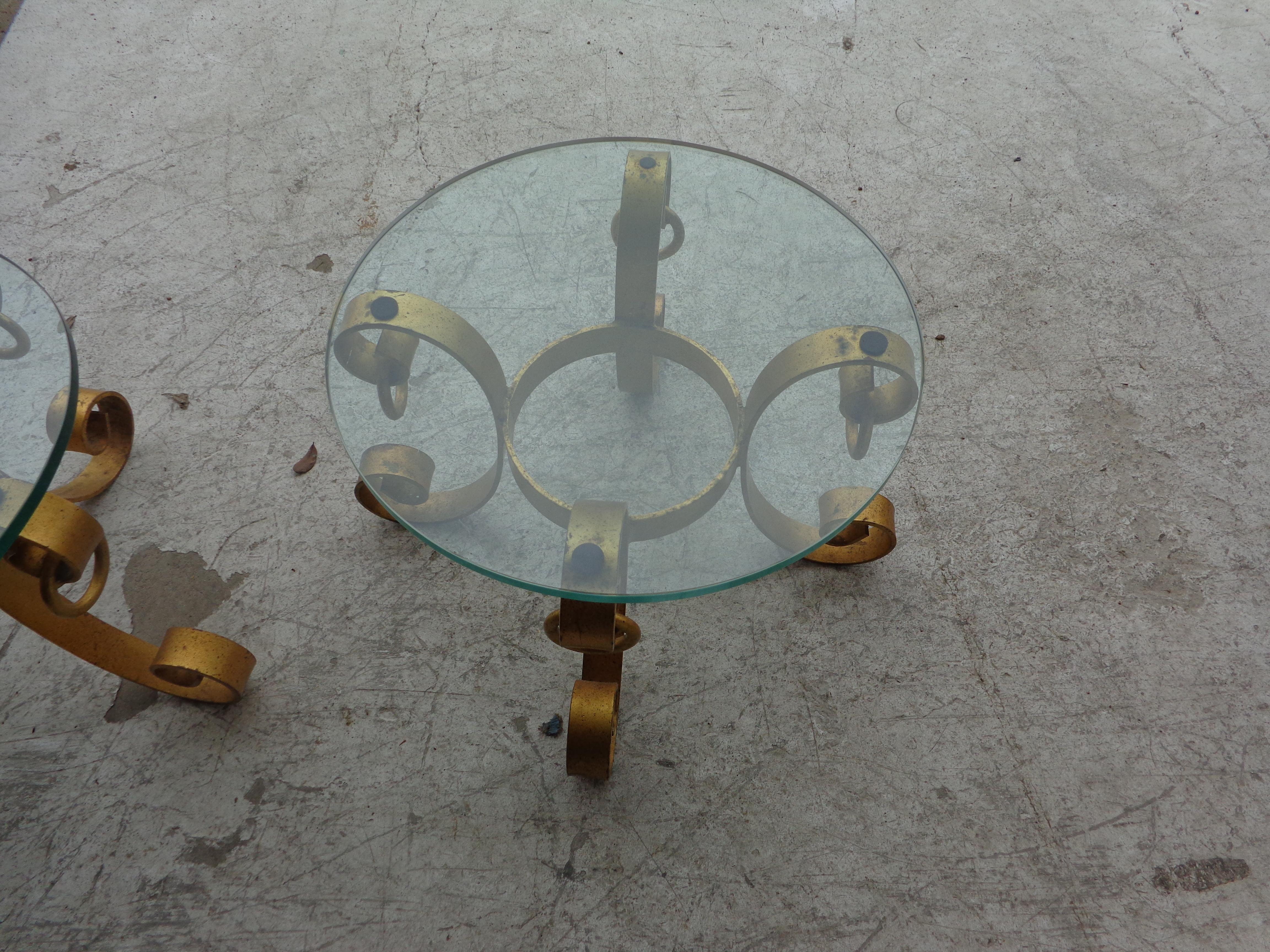 Hollywood Regency Pair of Gilt Italian Wrought Iron Side Tables For Sale