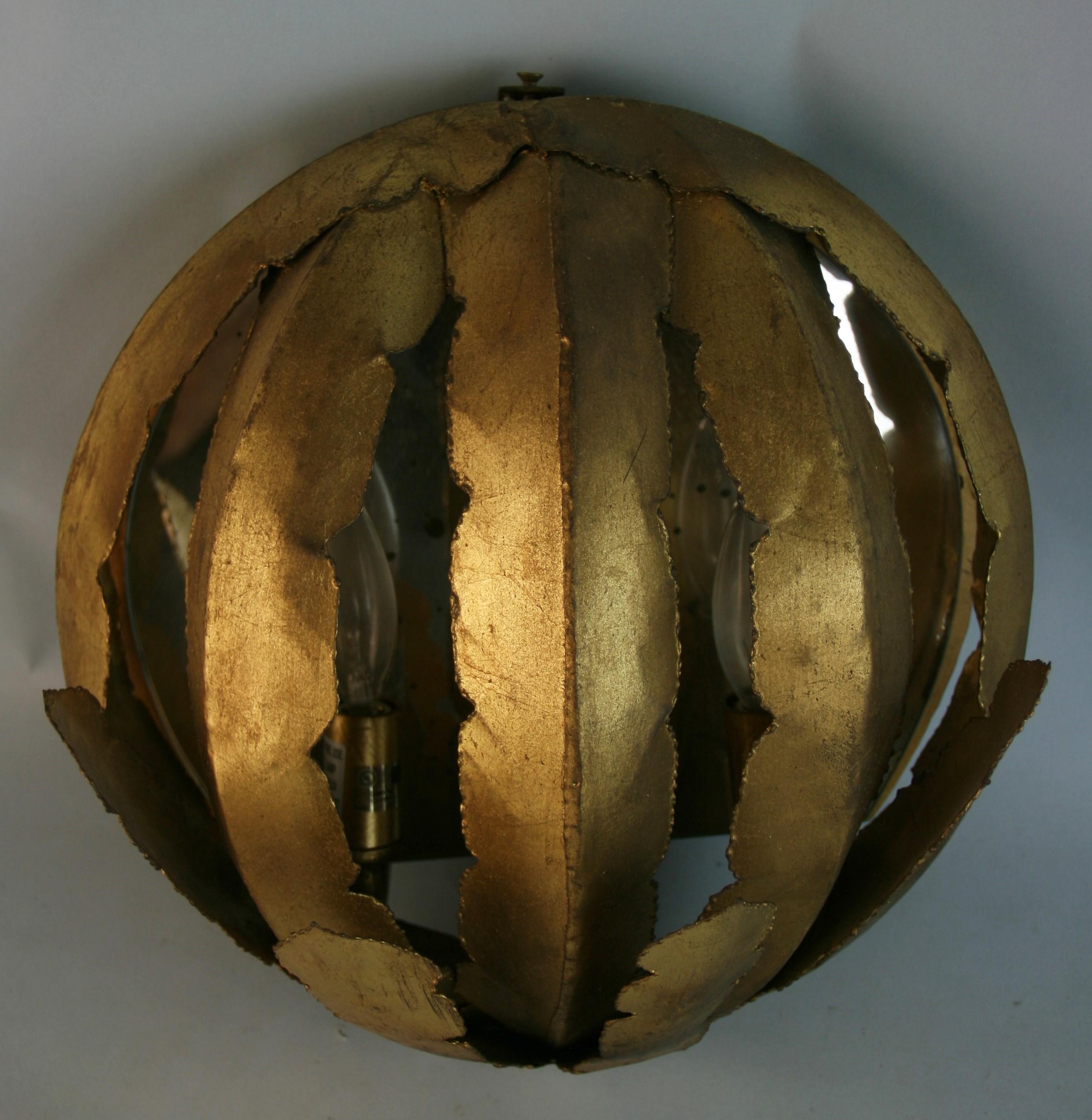 Late 20th Century Pair Gilt Leaf Mirrored Backed Wall Sconces For Sale