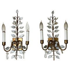 Pair Gilt Metal Glass and Rock Crystal Glass Sconces in Maison Bagues Style