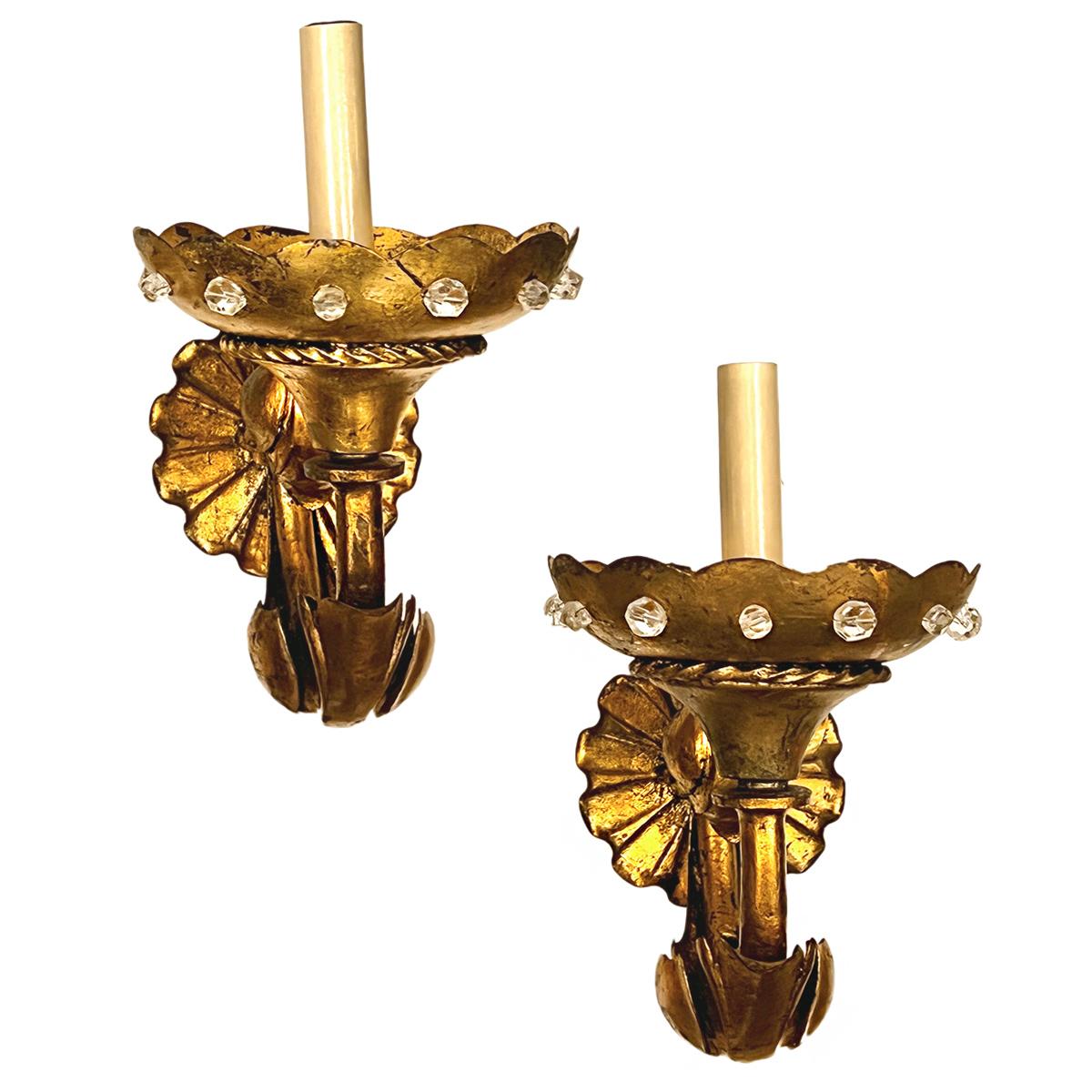 A pair of circa 1920's French single arm sconces with crystal beads on body and original patina.

Measurements:
Height: 10