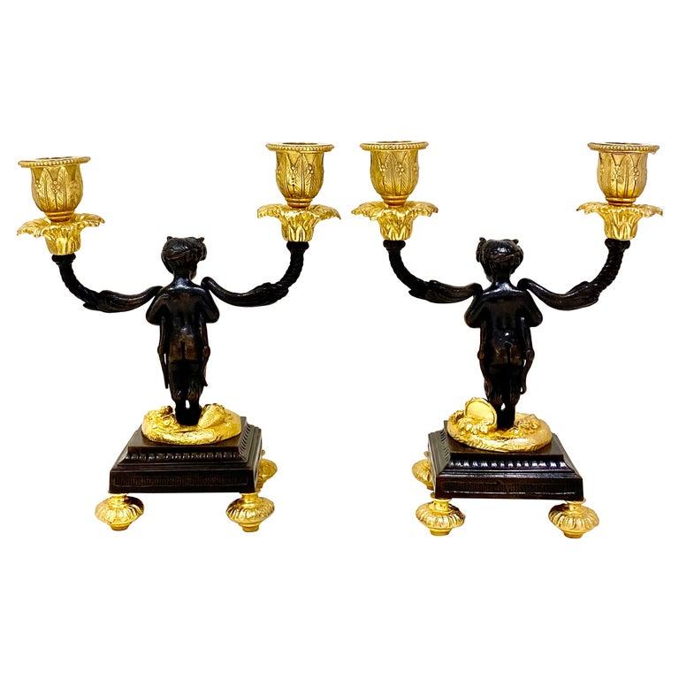 Pair Gilt & Patinated Bronze Figural Cherub Candelabra French Antique 5