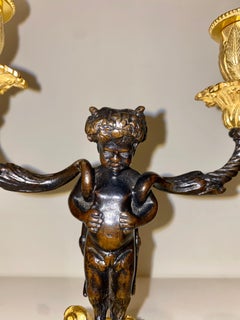 Pair Gilt & Patinated Bronze Figural Cherub Candelabra French Antique