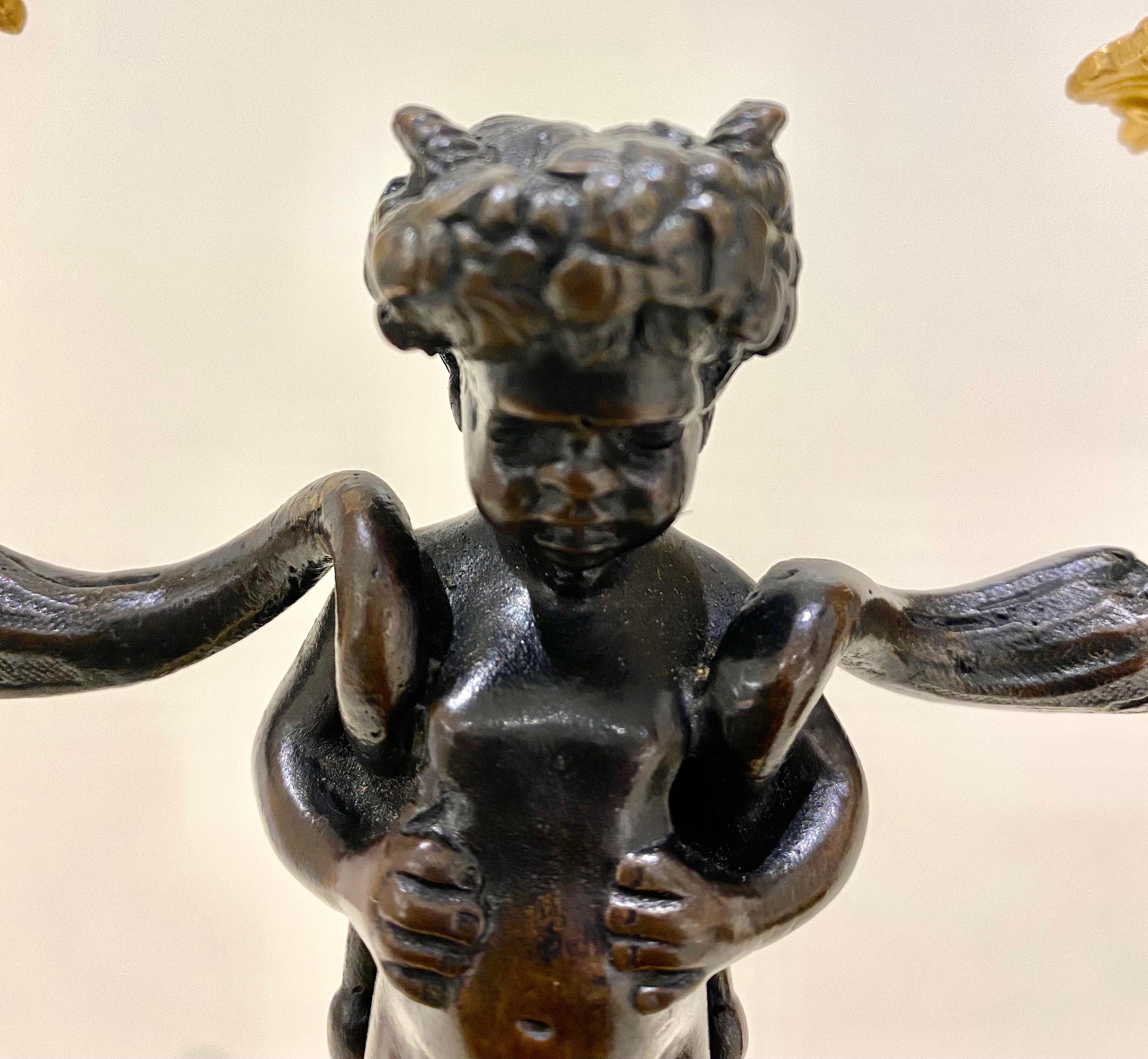 Napoleon III Pair Gilt & Patinated Bronze Figural Cherub Candelabra French Antique