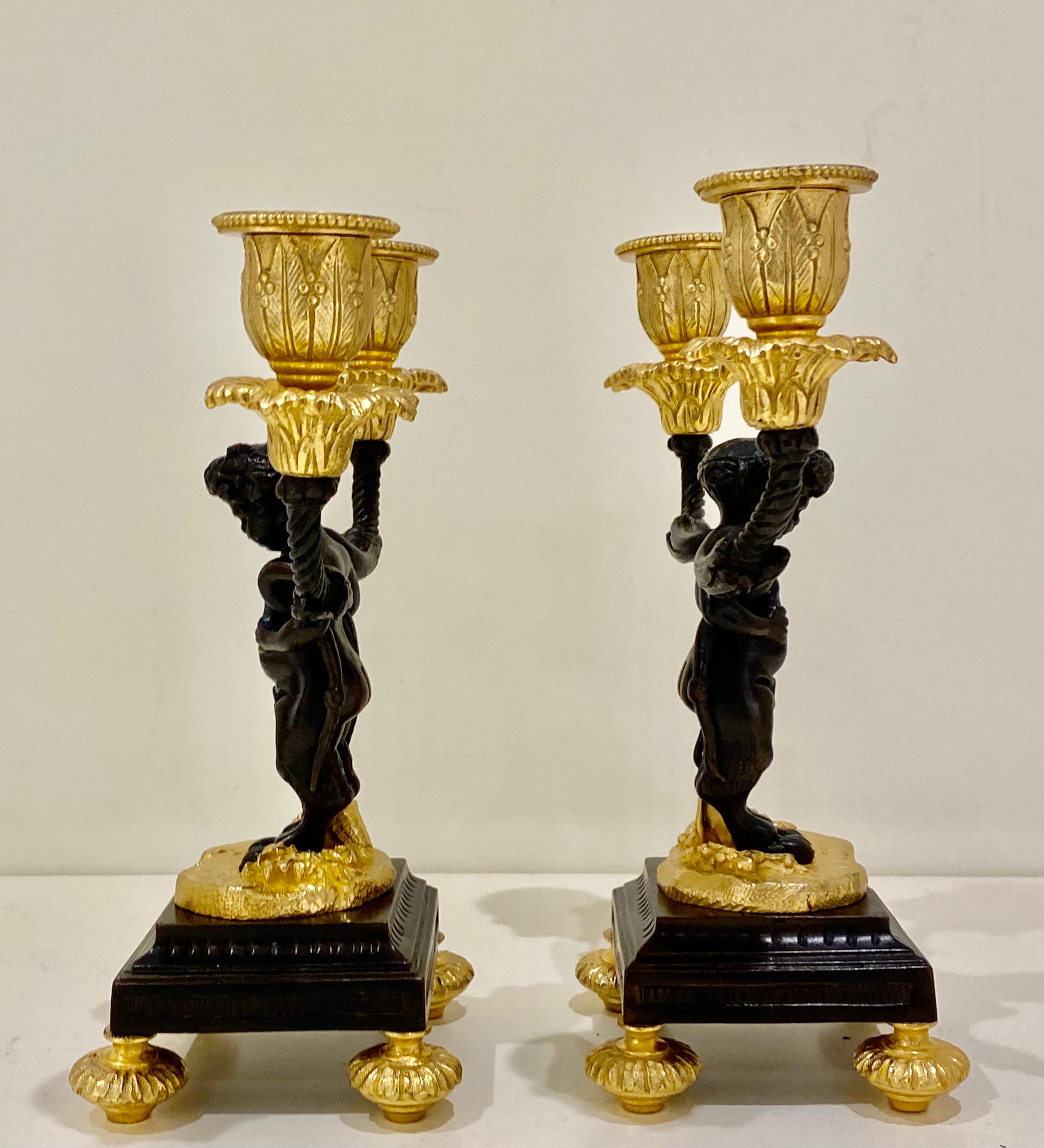 Mid-19th Century Pair Gilt & Patinated Bronze Figural Cherub Candelabra French Antique