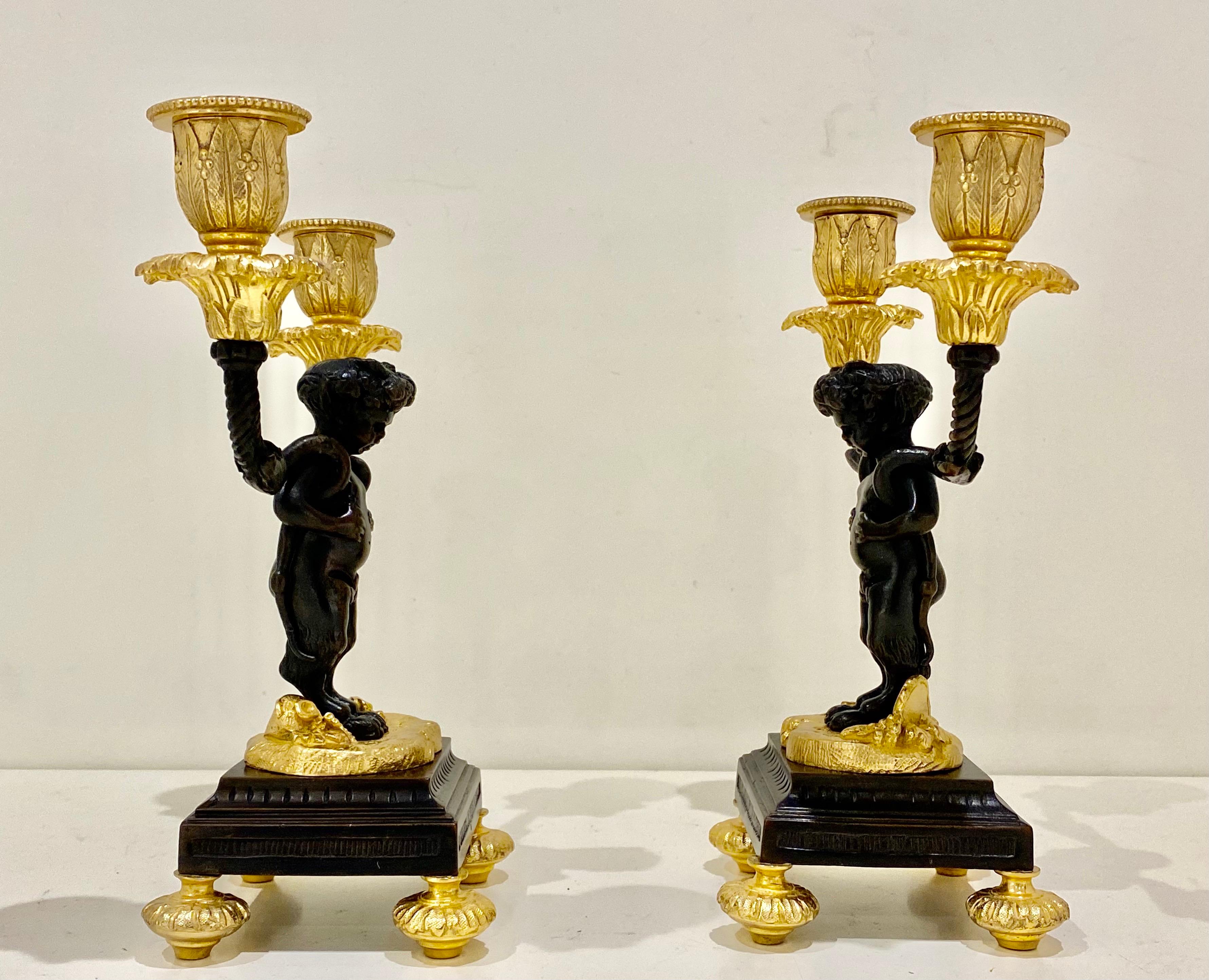 Pair Gilt & Patinated Bronze Figural Cherub Candelabra French Antique 1