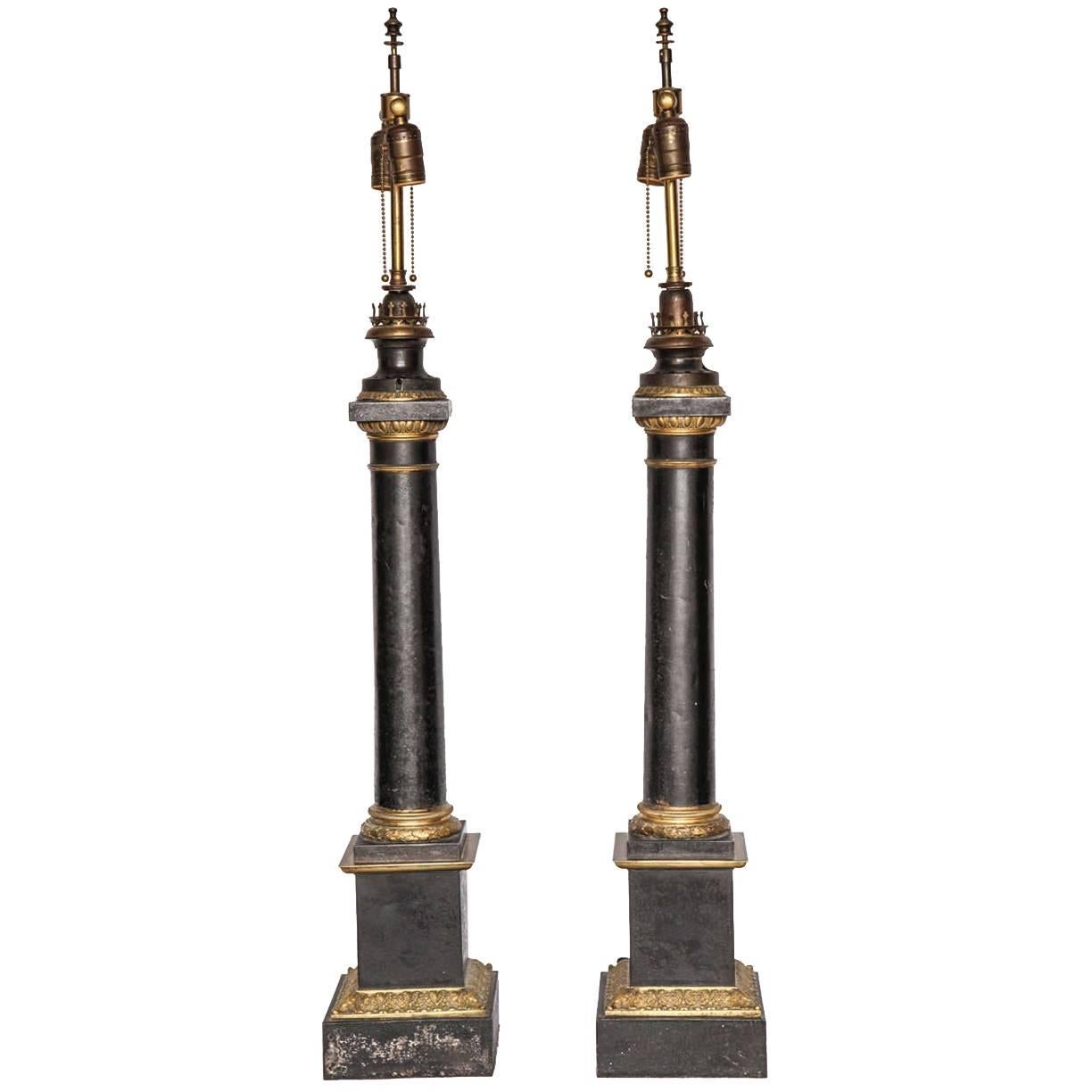 Neoclassical Pair of Gilt Patinated Metal Column Lamps