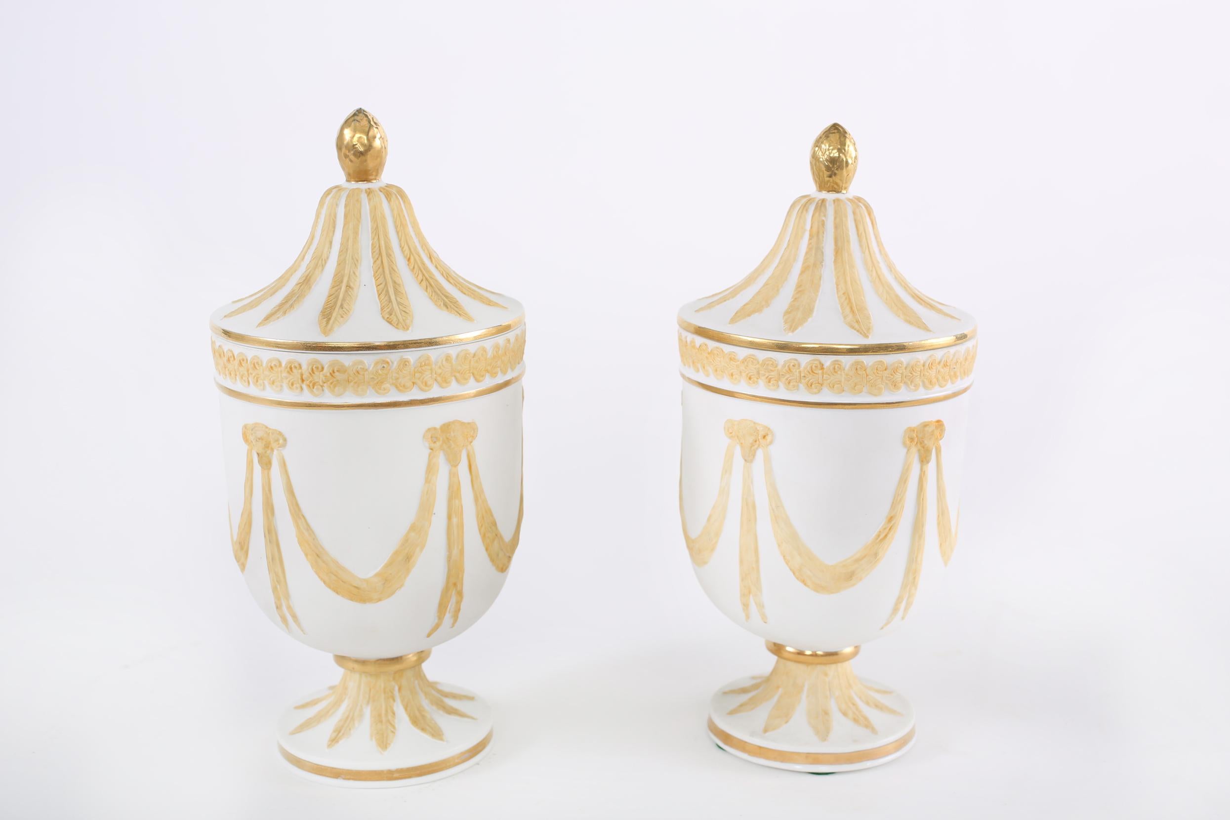 Pair Gilt Porcelain  Covered Decorative Urns 6