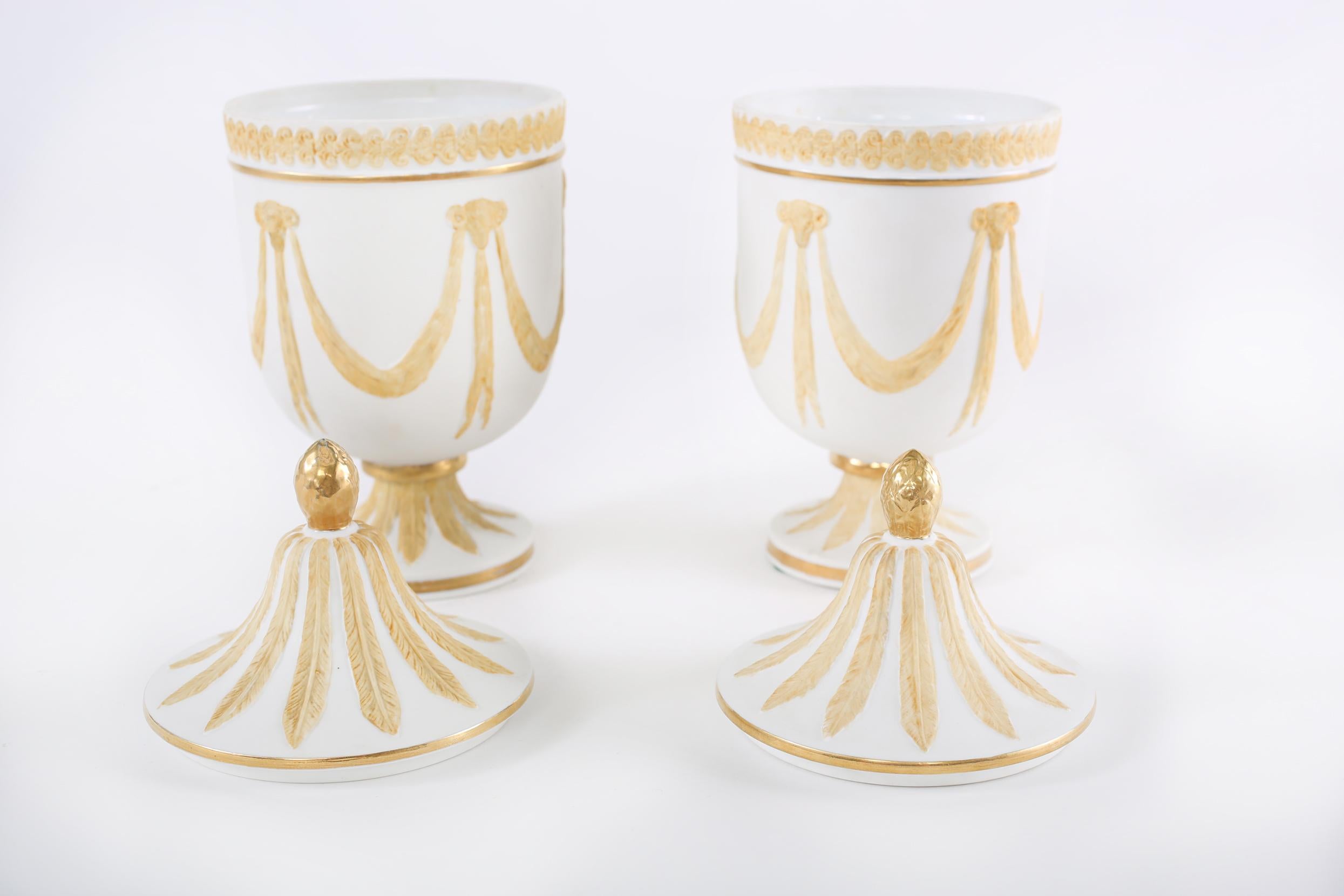 French Pair Gilt Porcelain  Covered Decorative Urns