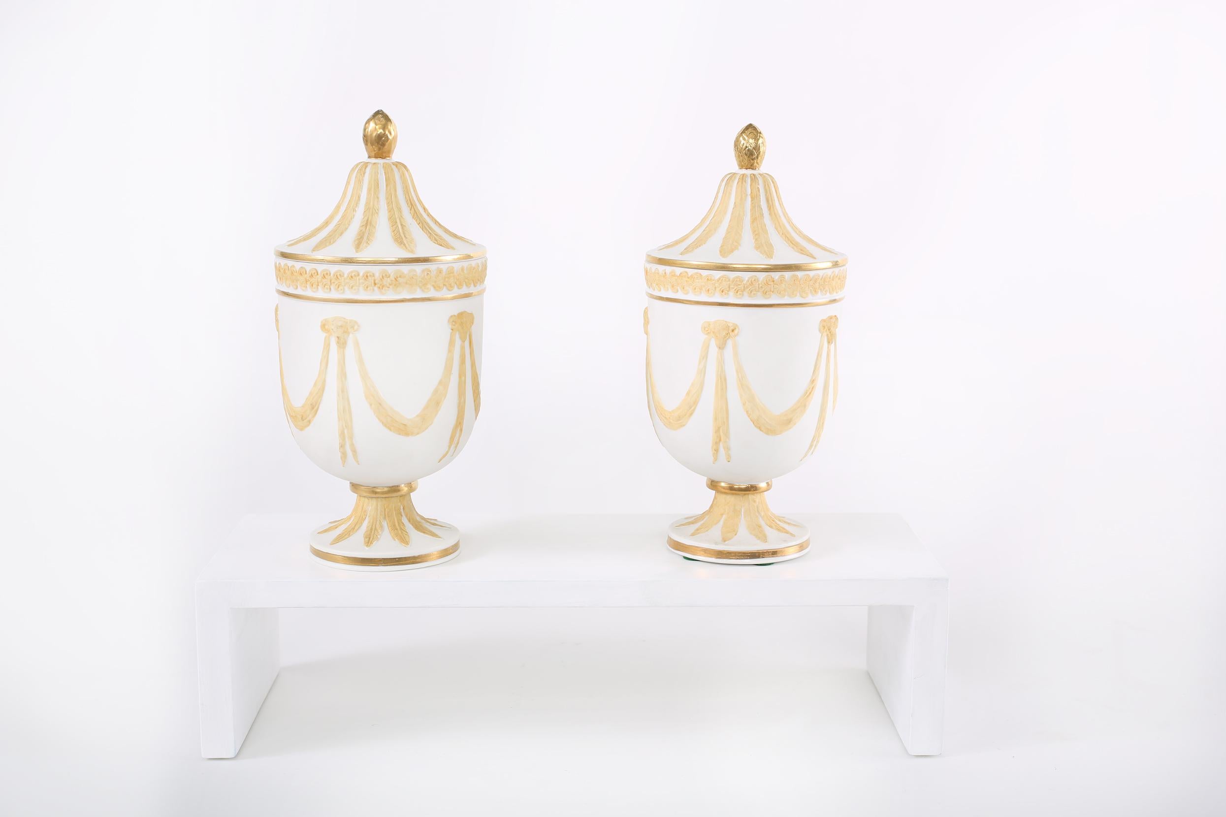 Pair Gilt Porcelain  Covered Decorative Urns In Good Condition In Tarry Town, NY