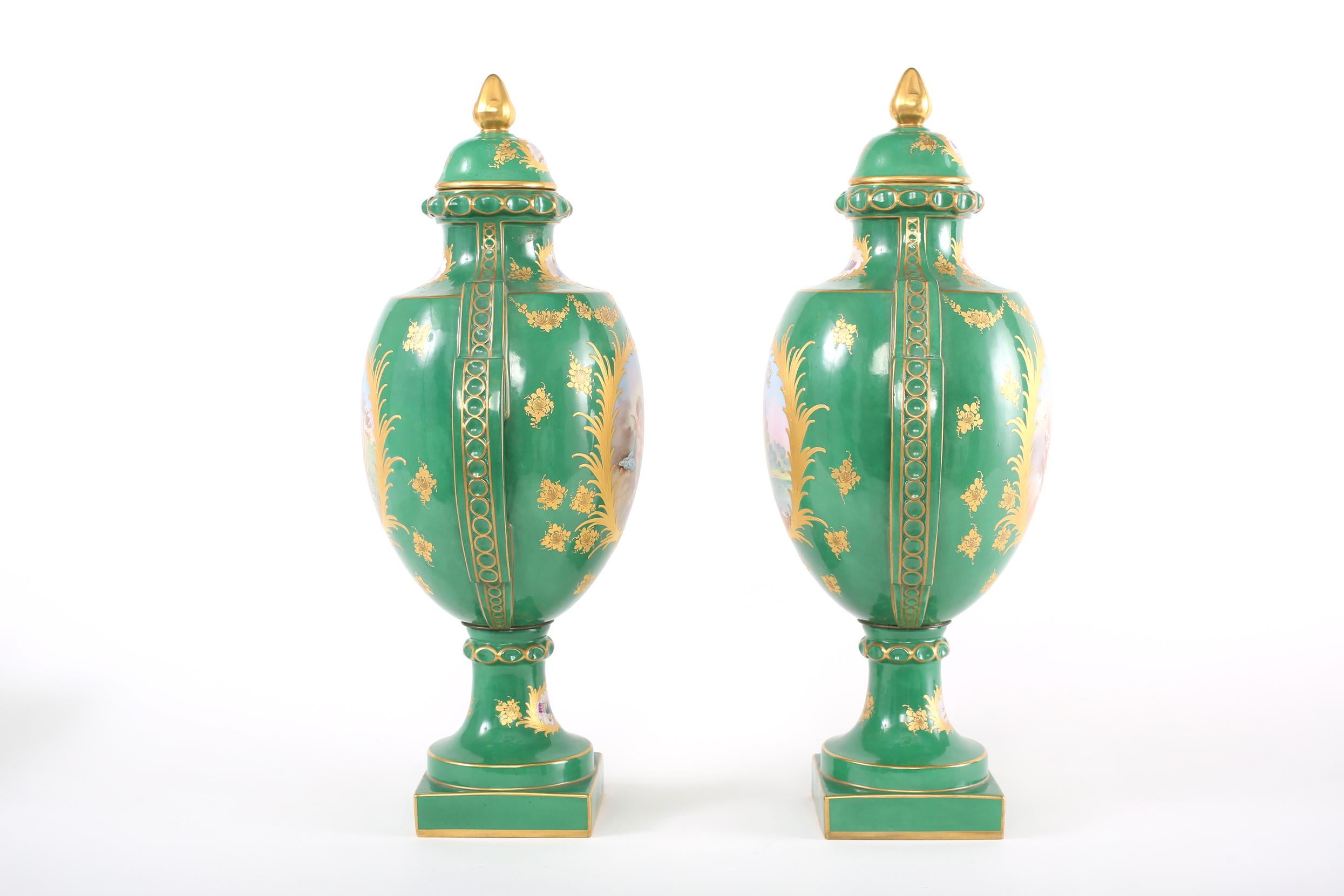 European Pair Gilt Porcelain Dresden Covered Urns For Sale