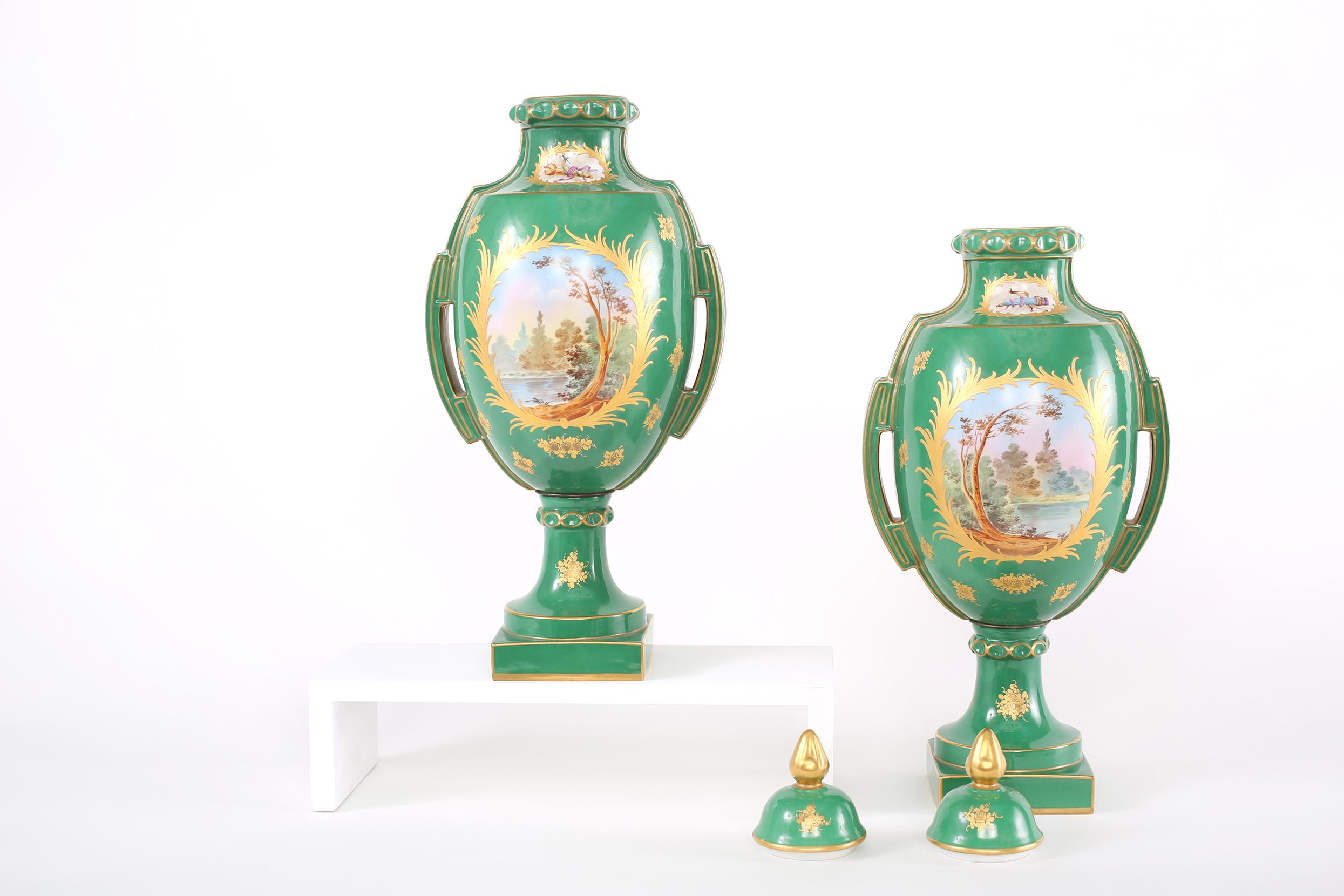 Glazed Pair Gilt Porcelain Dresden Covered Urns For Sale