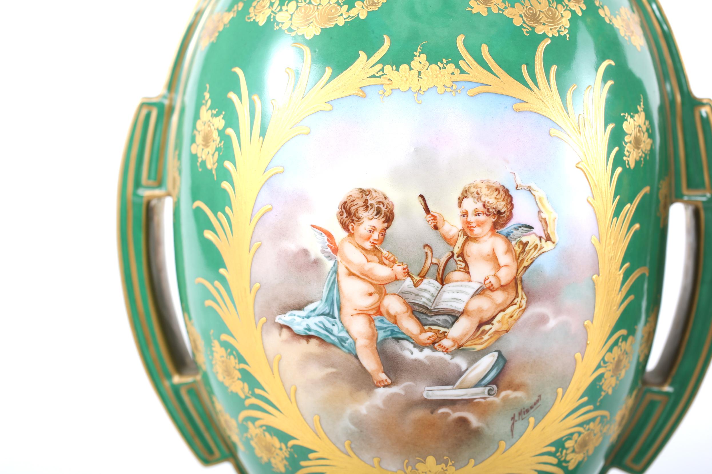 Pair Gilt Porcelain Dresden Covered Urns For Sale 1