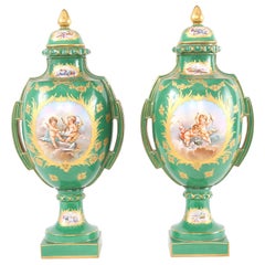 Antique Pair Gilt Porcelain Dresden Covered Urns
