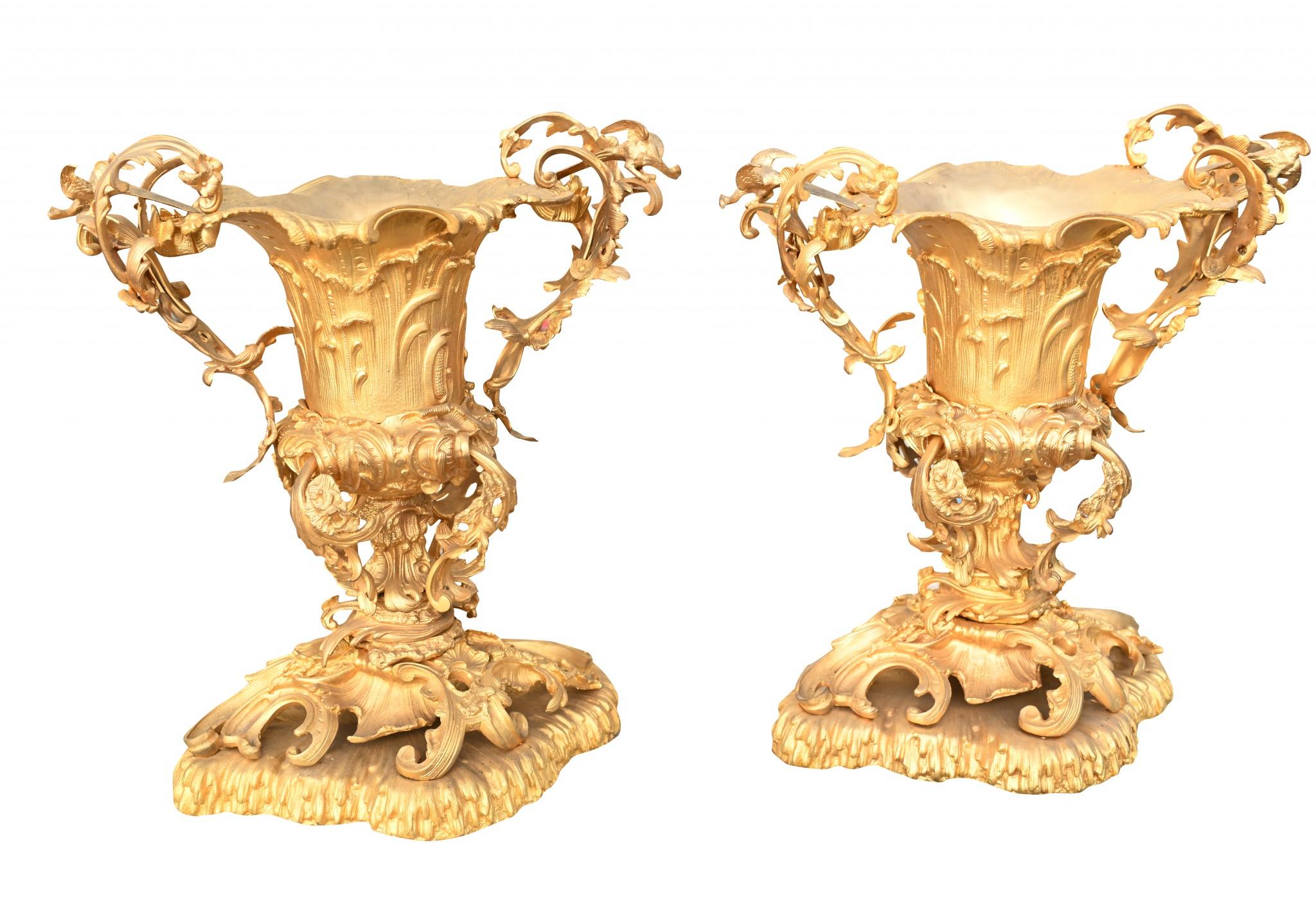Pair French gilt rococo urns in the Louis XVI manner
Very opulent pair, just crying out to be the centrepiece to any interiors scheme
So intricately cast with the rocaille details
Very visceral piece with all the rococo swirls and curves
Bought from