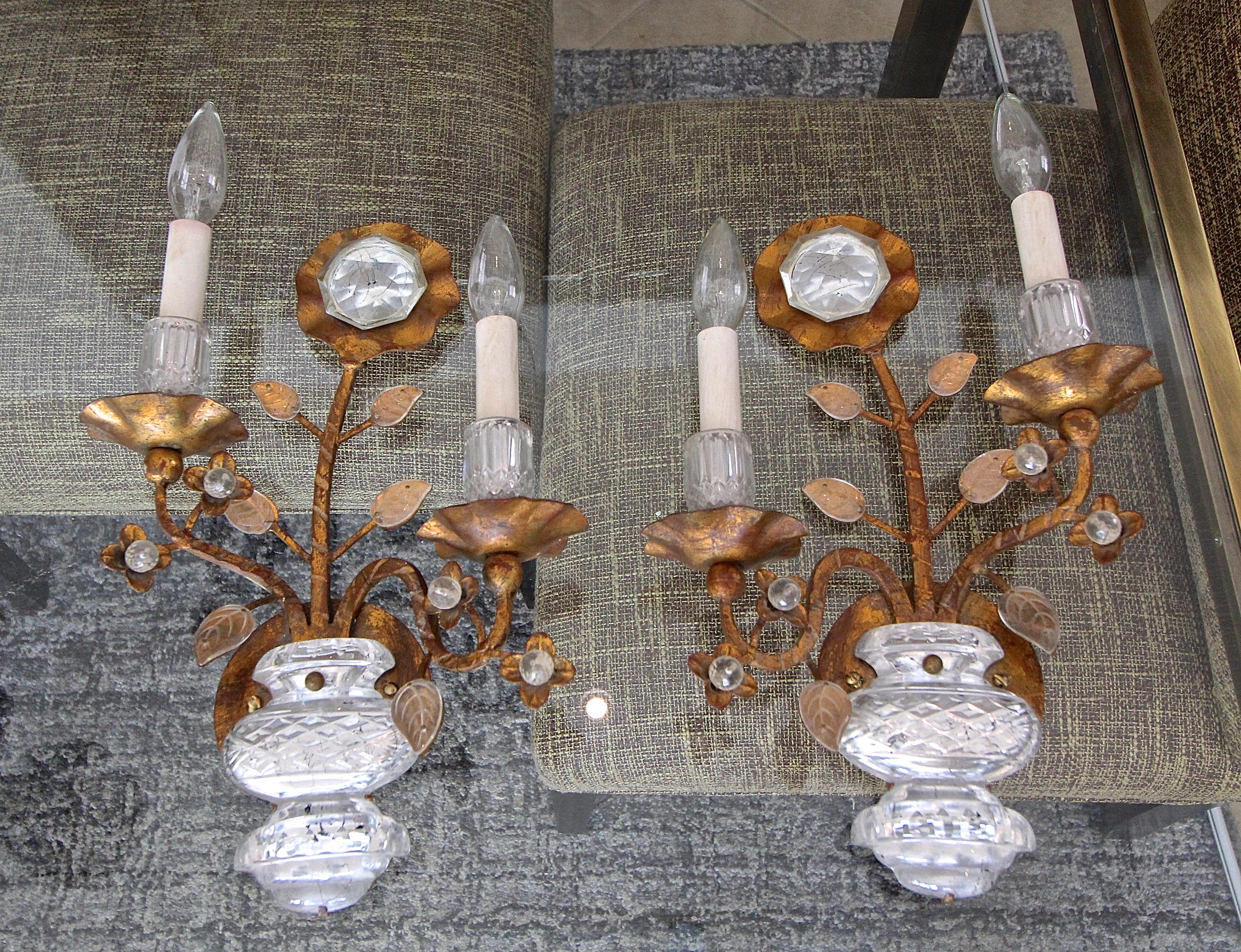 Pair of Gilt Sunflower and Urn Crystal Banci Wall Sconces 3